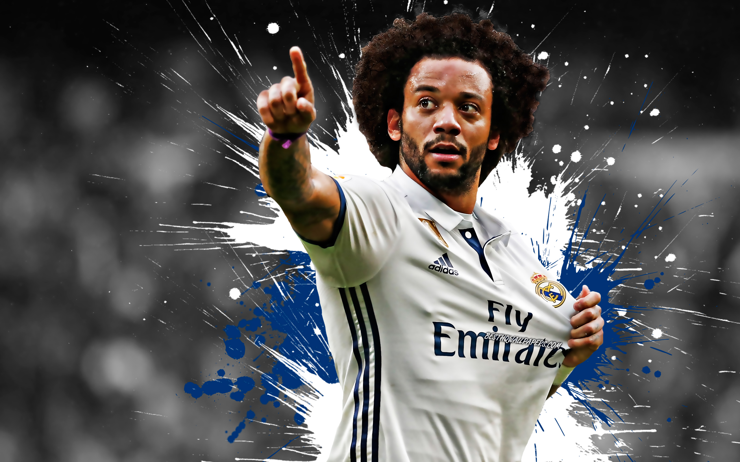 Download Wallpaper Marcelo, 4k, Brazilian Football Player, Real Madrid, Defender, Blue White Paint Splashes, Creative Art, La Liga, Spain, Football, Grunge, Marcelo Vieira For Desktop With Resolution 2560x1600. High Quality HD Picture Wallpaper