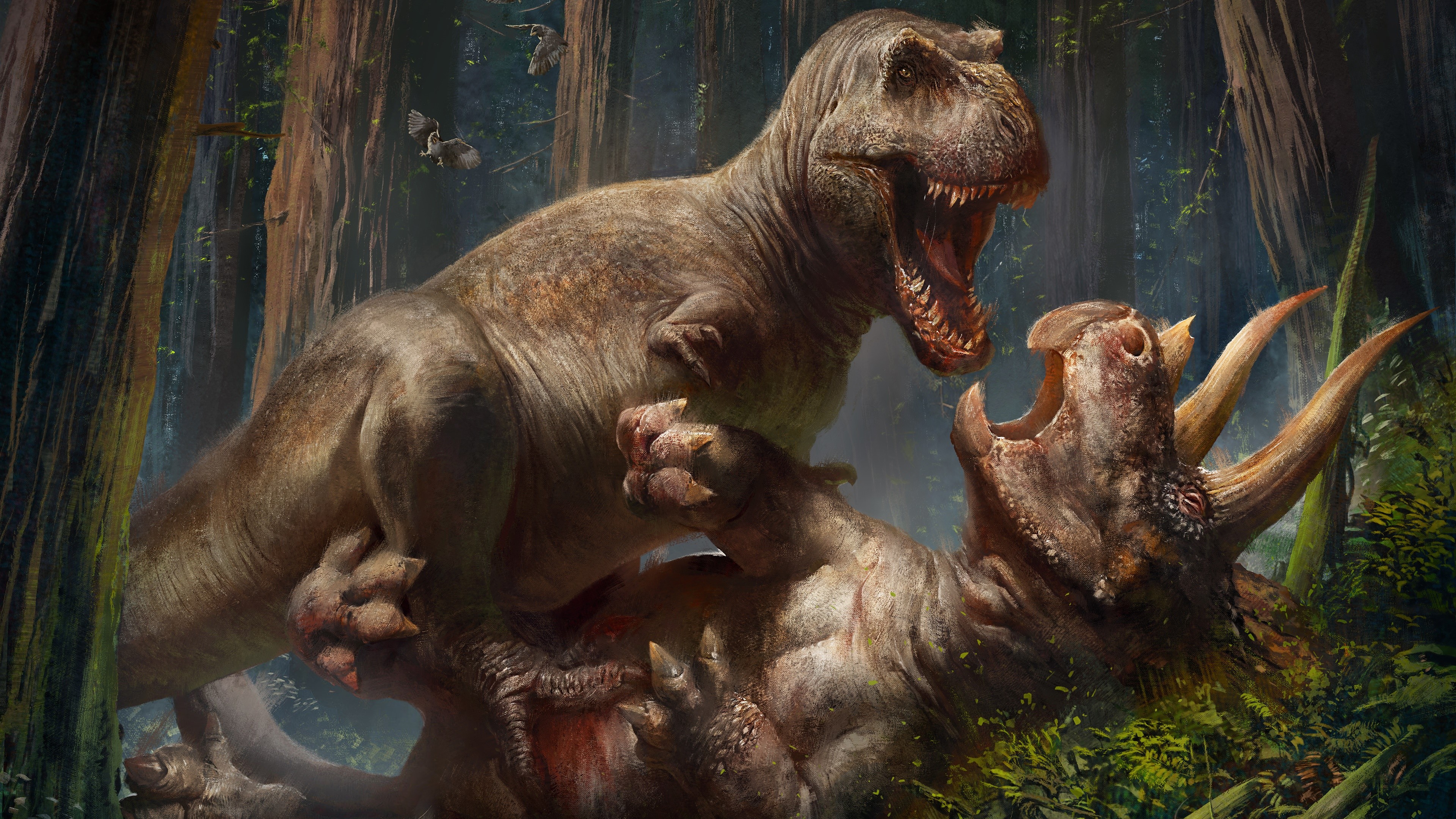 Wallpaper / Tyrannosaurus Rex, T Rex, Triceratops, Dinosaurs, Prehistoric, Animals, Fighting, Creature Free Download