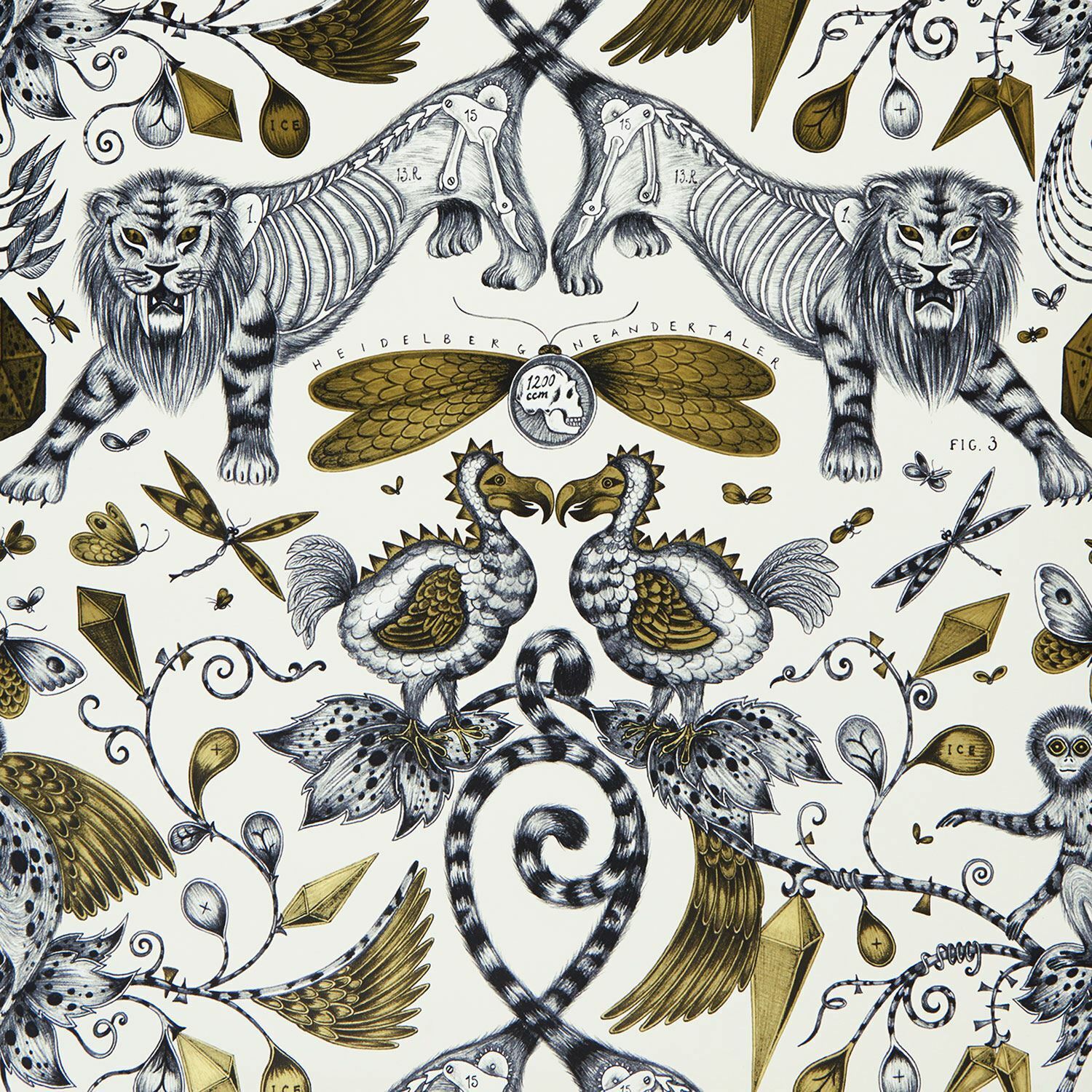 EMMA J SHIPLEY ANIMALIA EXTINCT WALLPAPER GOLD W0100 02 ANIMALS METALLIC