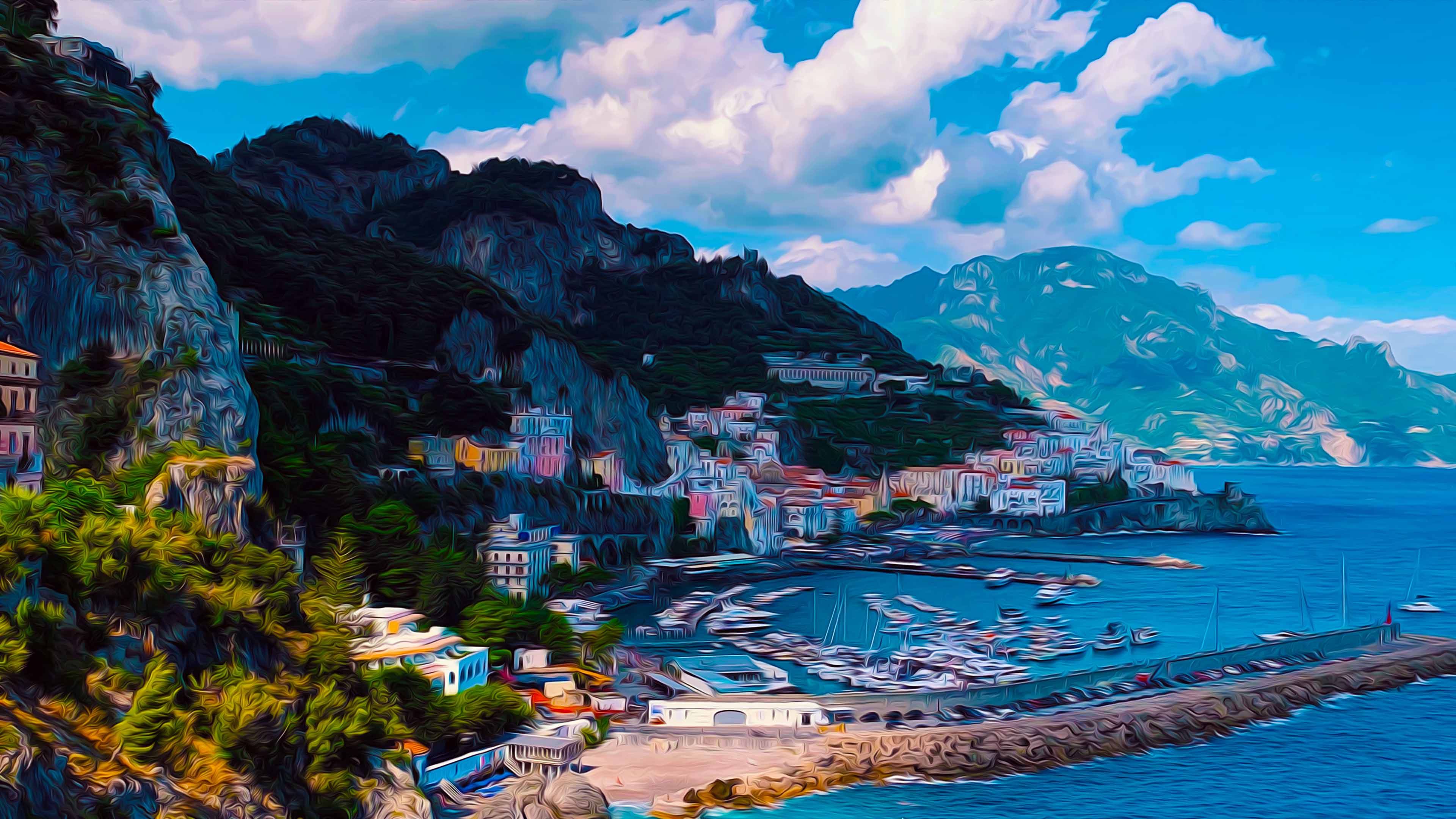 Sea Bay and City Oil Painting 4K Wallpaper