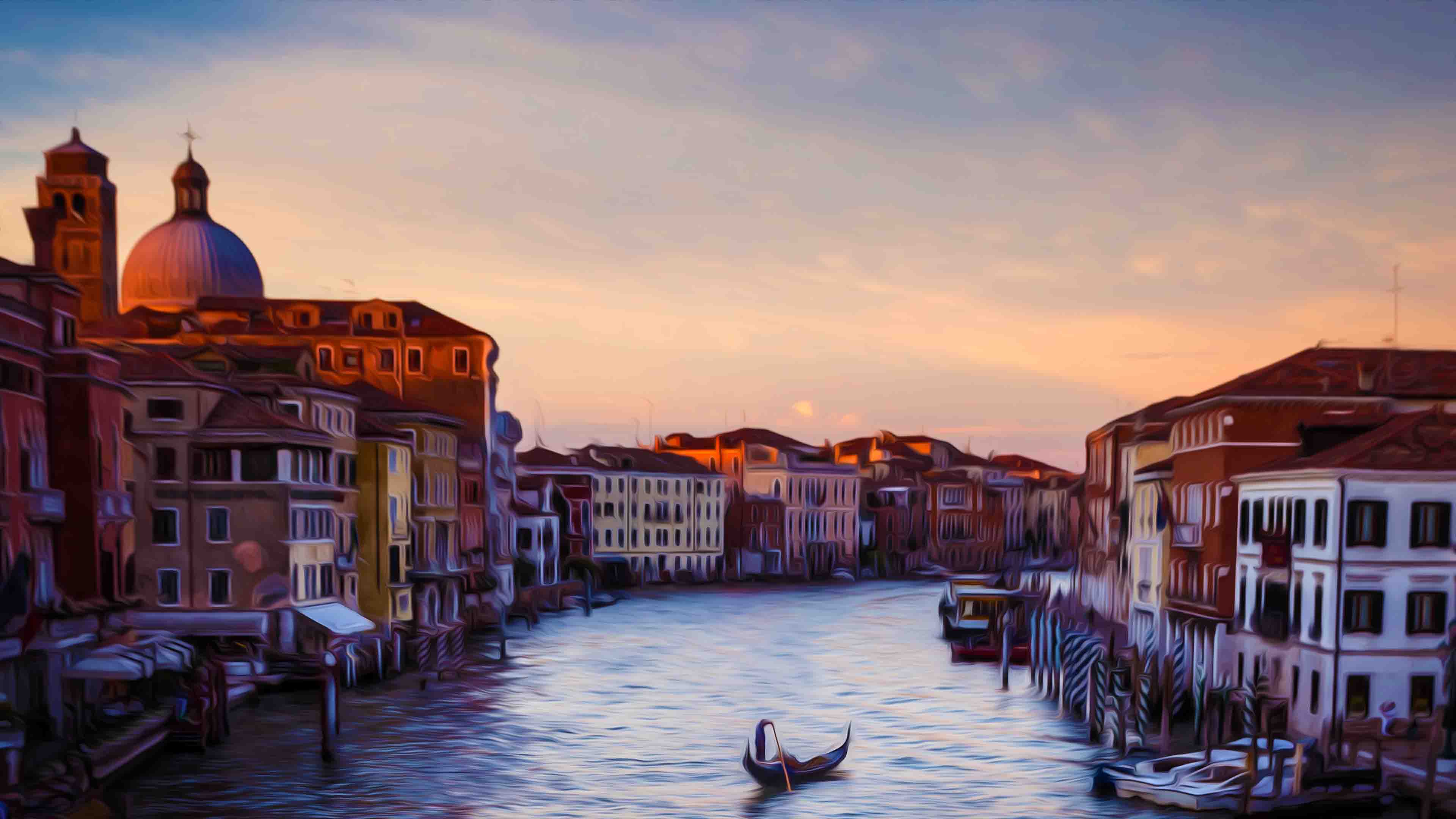 Venice Lonely Boat in Canal Oil Painting 4K Wallpaper