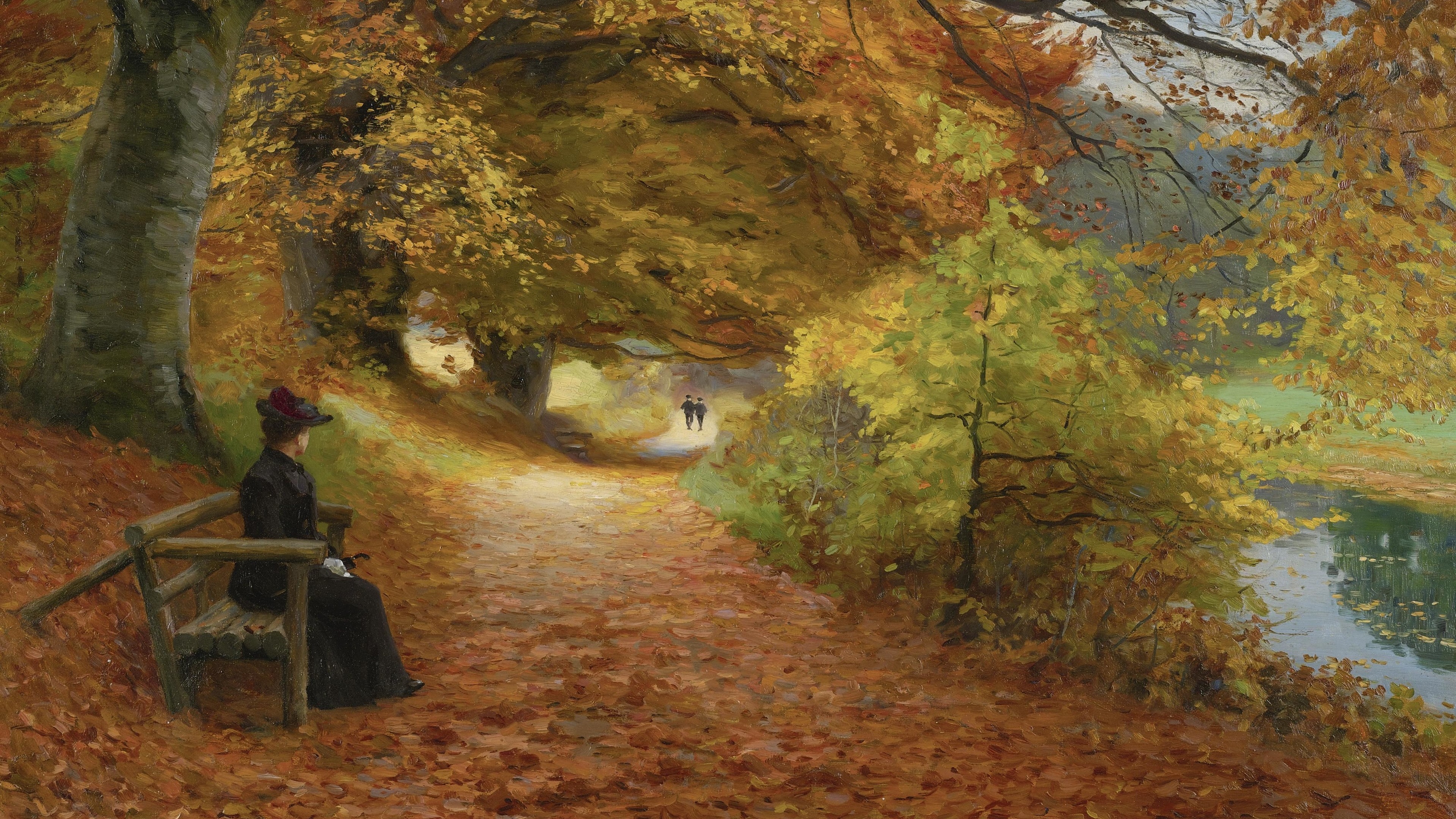 Wallpaper Forest, road, autumn, girl, oil painting 3840x2160 UHD 4K Picture, Image