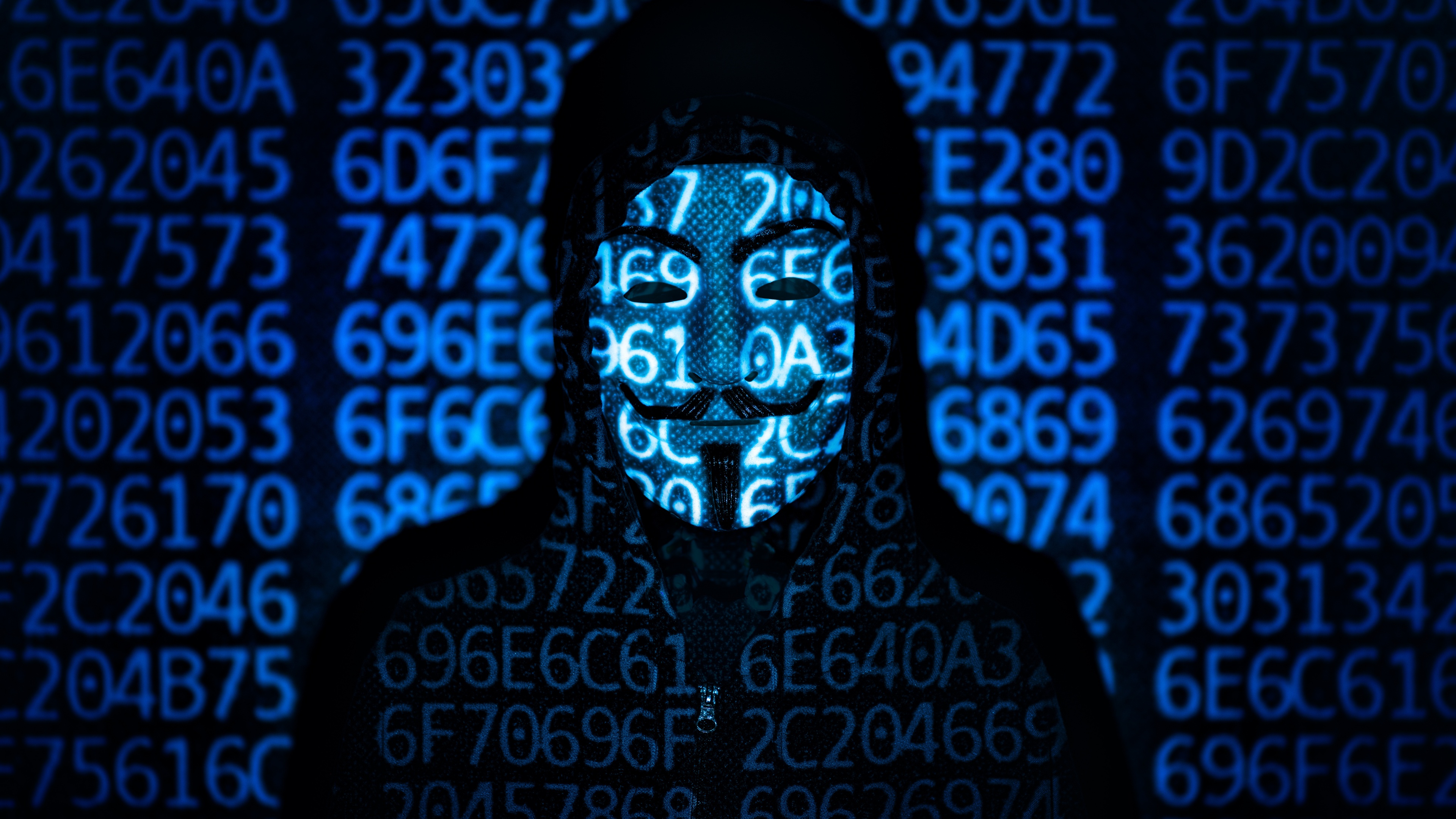 Hacker Wallpaper 4K, Guy Fawkes mask, Code