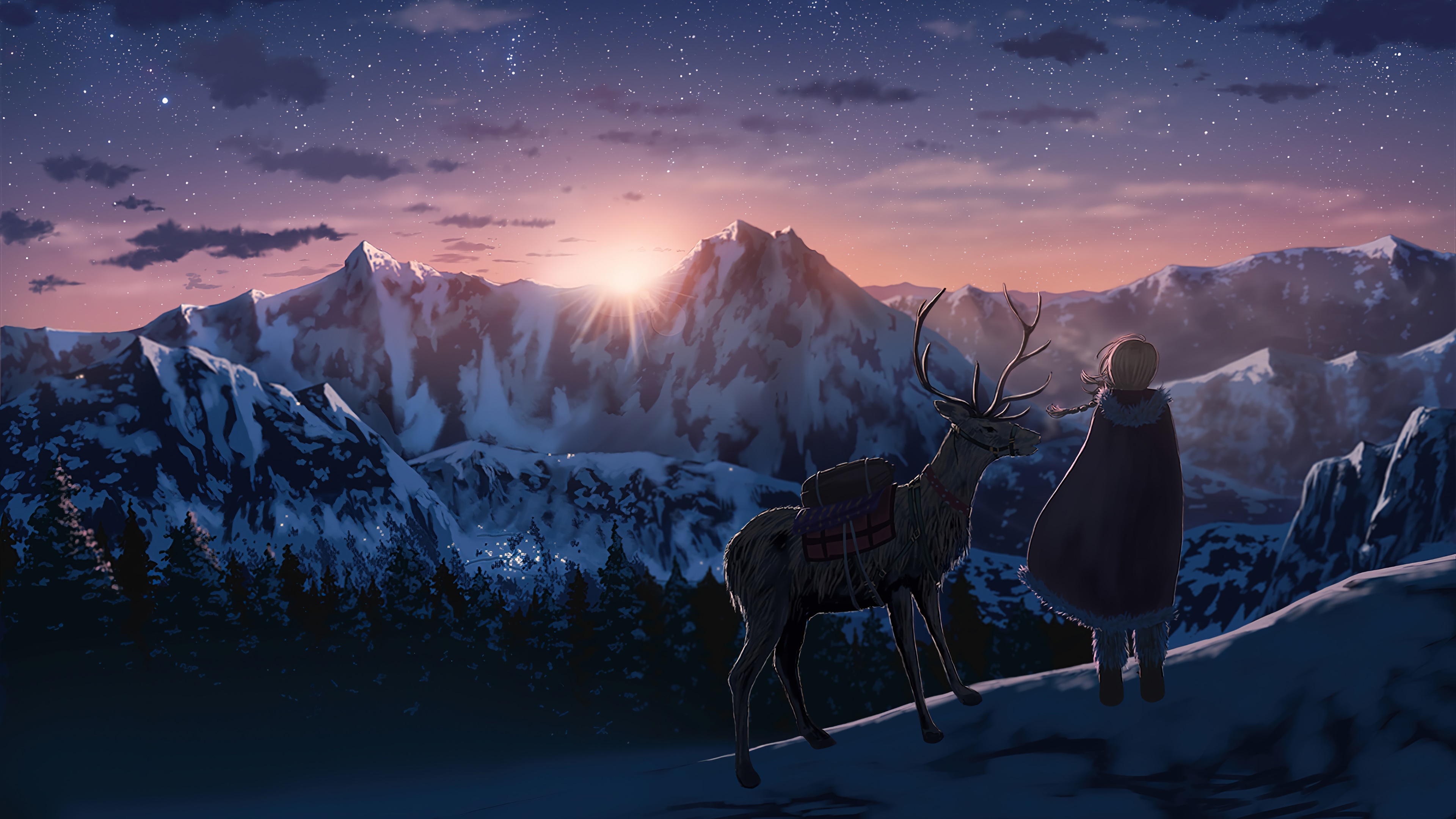 sunrise, snowy, mountain, scenery, anime, art, 4k Gallery HD Wallpaper