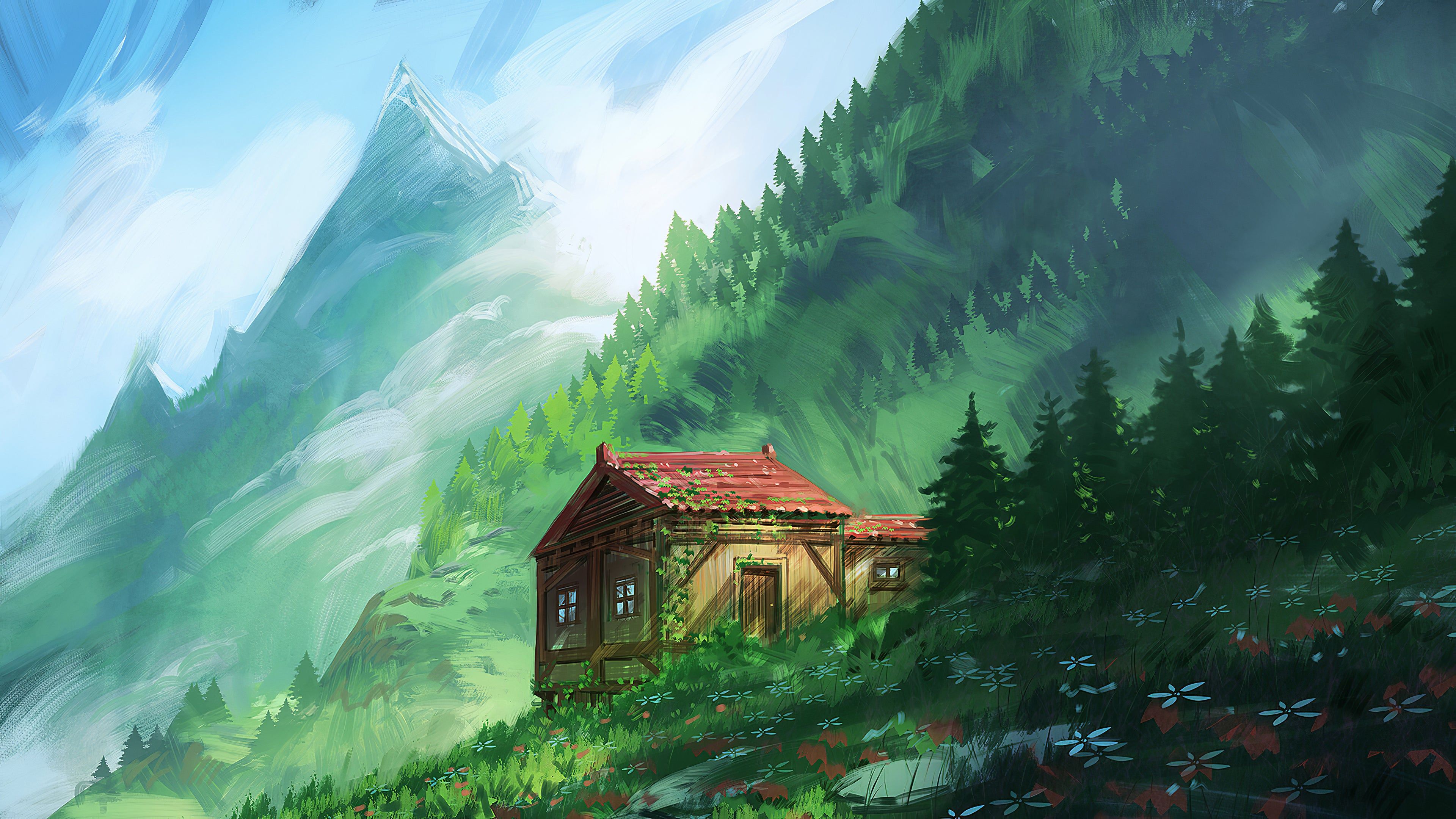 Cozy Little House In Mountains 4K wallpaper