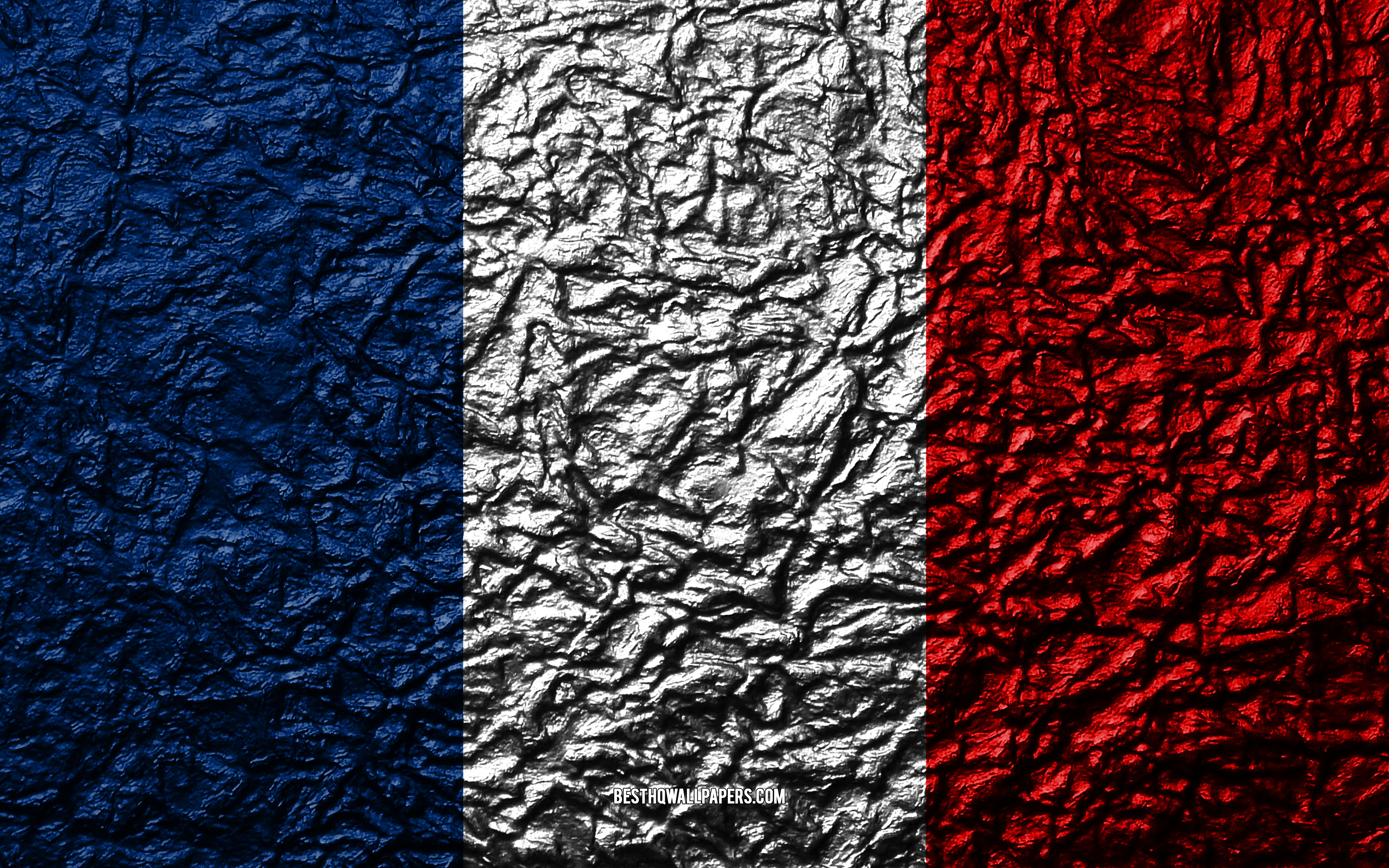 Download wallpaper Flag of France, 4k, stone texture, waves texture, French flag, national symbol, France, Europe, stone background for desktop with resolution 3840x2400. High Quality HD picture wallpaper