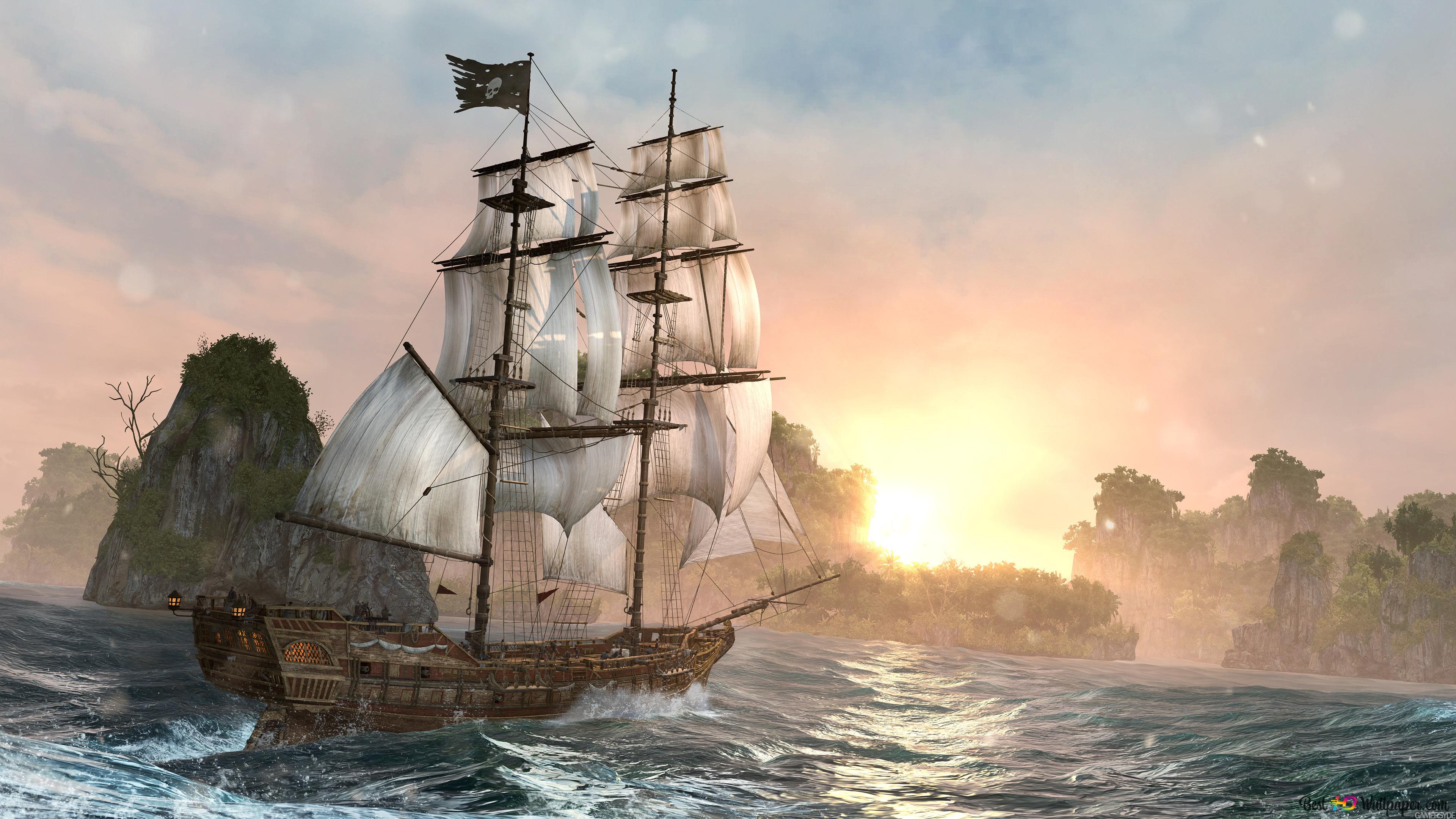 Assassin's Creed 4 Black Flag ship sailing on the sea 4K wallpaper download