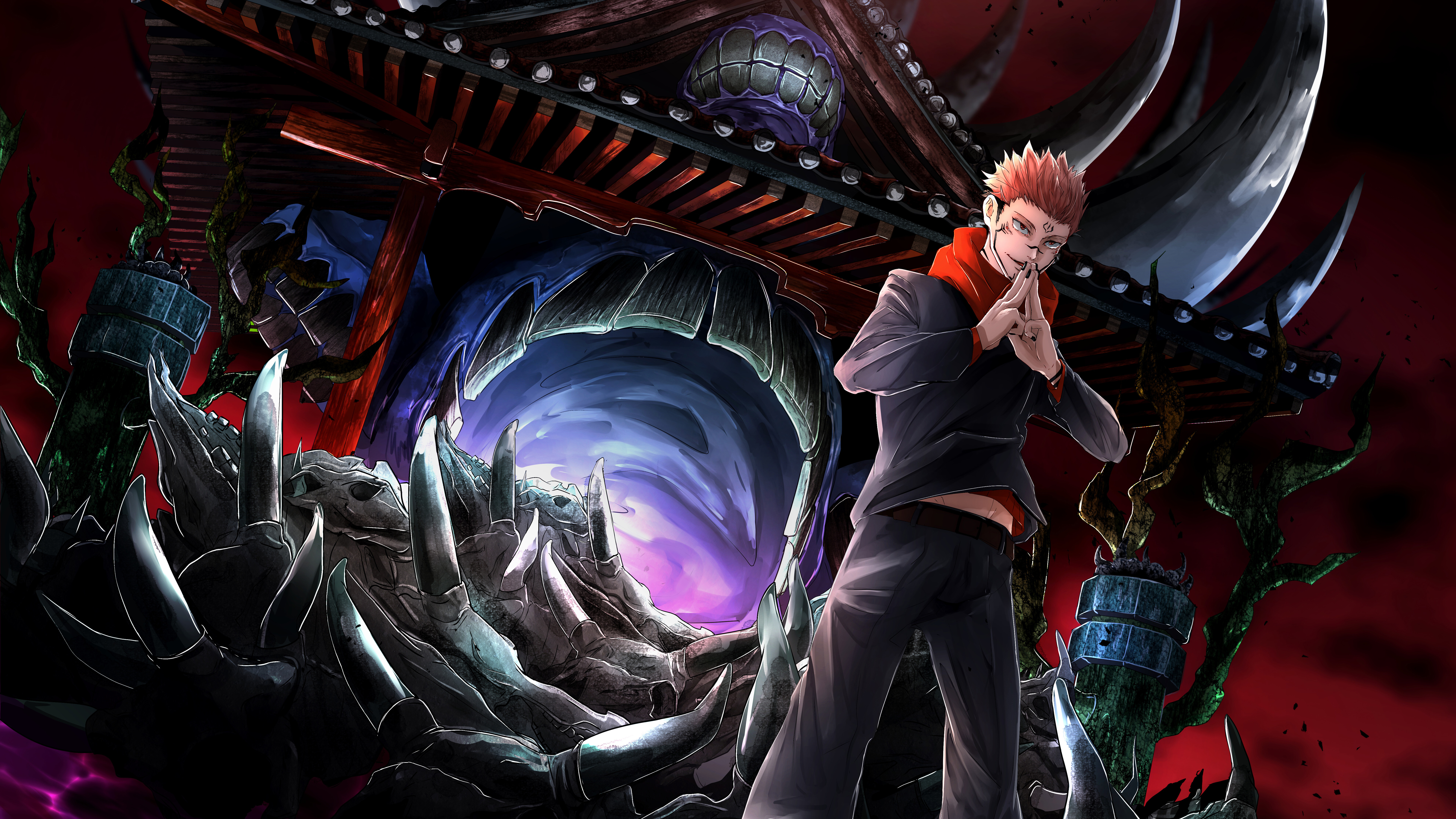 Sukuna (Jujutsu Kaisen) 8k Ultra HD, Pink Hair, Red Eyes, School Uniform, Sukuna (Jujutsu Kaisen) Gallery HD Wallpaper