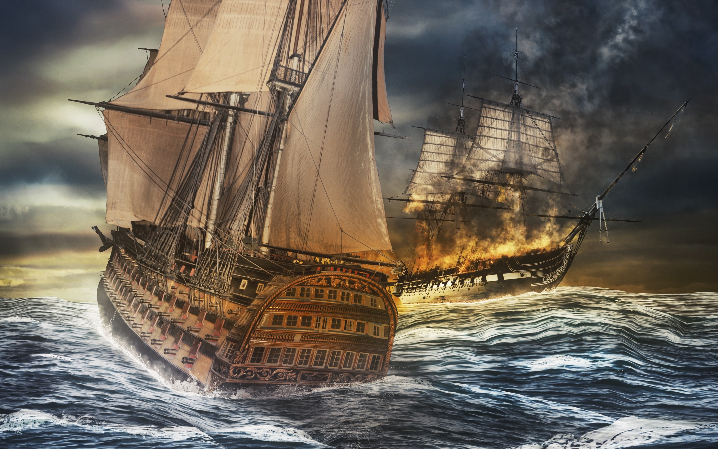 Wallpaper 4k ships, sea, storm, sea battle, photohop 4k Wallpaper