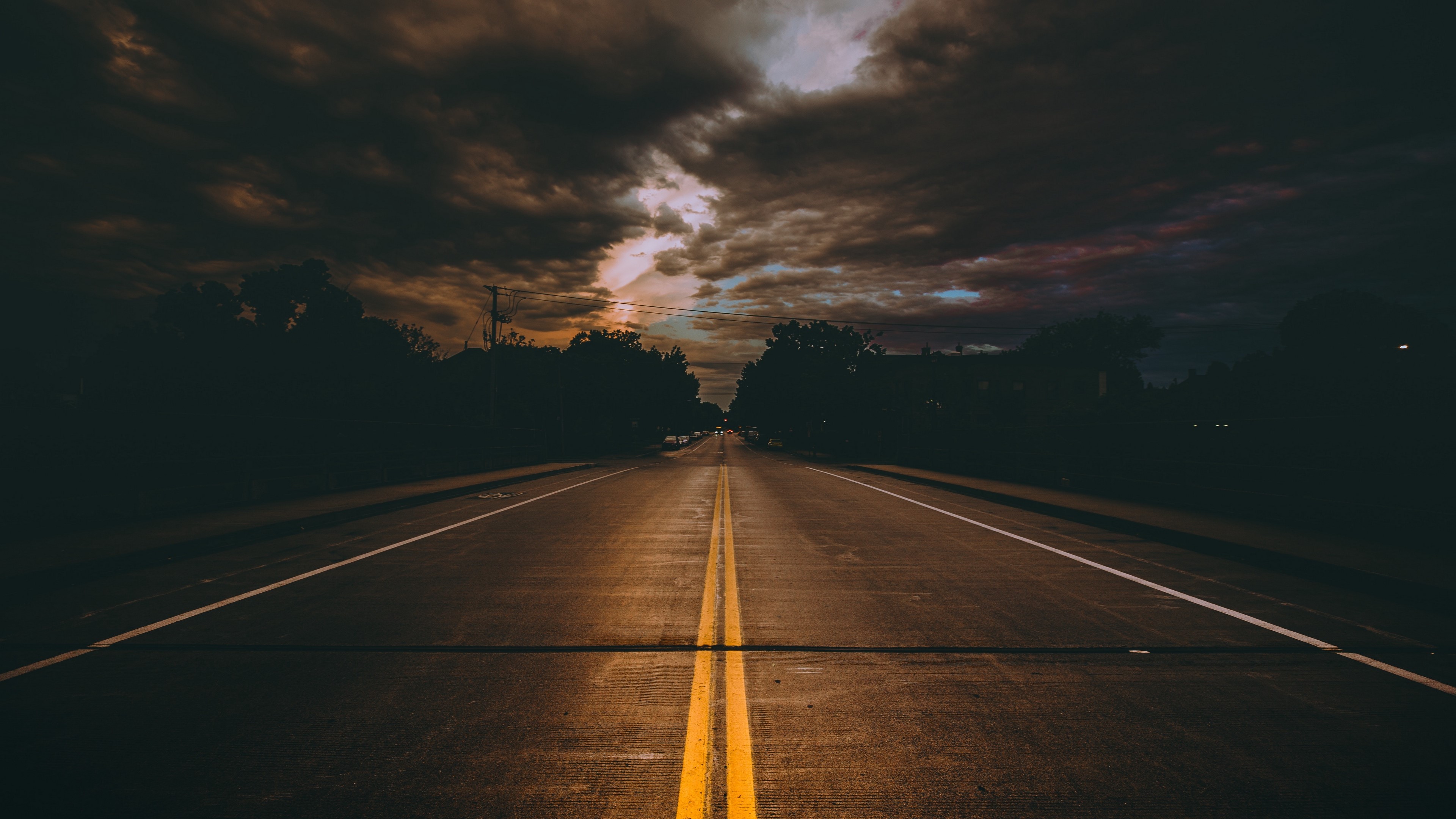 4K, dark, outdoors, sky, asphalt, lines, road, clouds Gallery HD Wallpaper