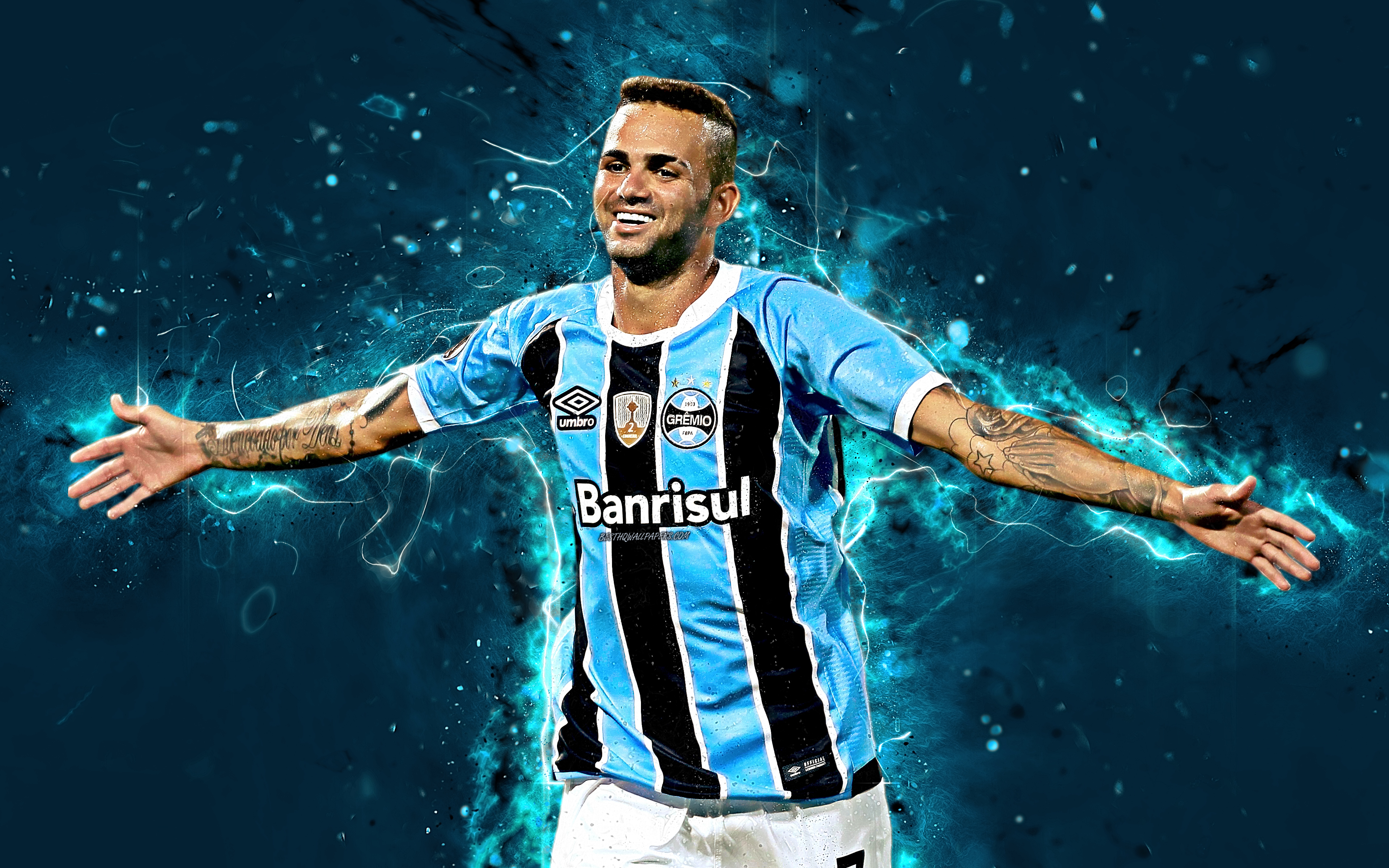 Download wallpaper Luan Vieira, 4k, abstract art, brazilian footballer, Gremio, soccer, Luan, Brazilian Serie A, football, neon lights, Gremio FC, Brazil for desktop with resolution 3840x2400. High Quality HD picture wallpaper