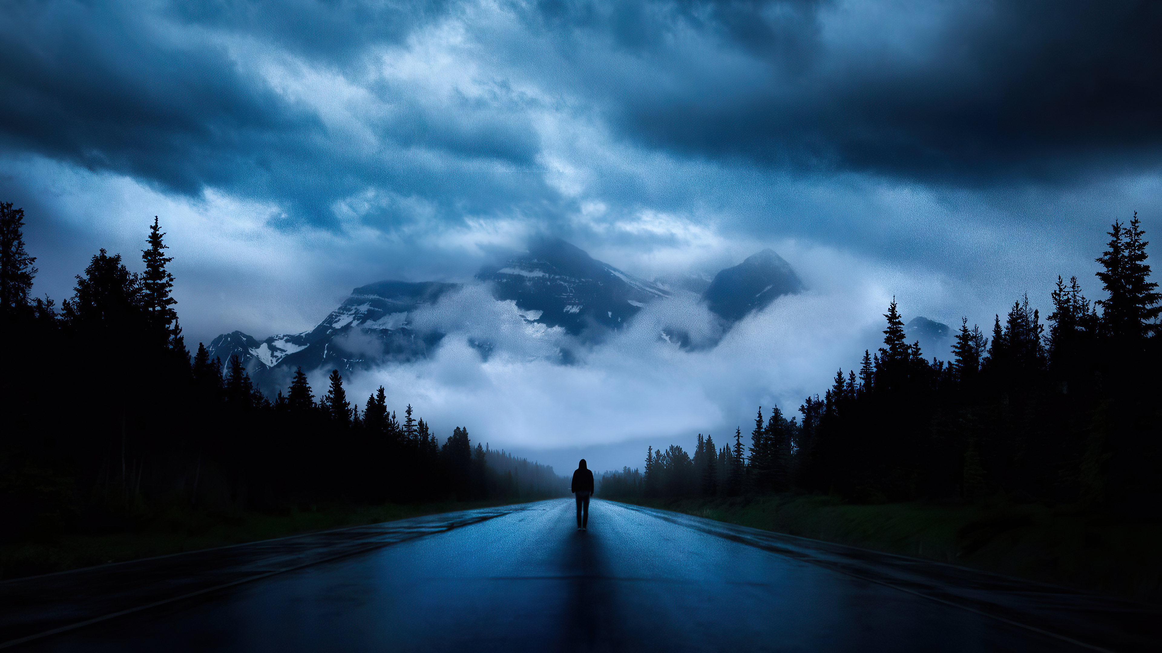 Download wallpaper 3840x2160 walking alone, road, mountains, silhouette, dark 4k wallpaper, uhd wallpaper, 16:9 widescreen 3840x2160 HD background, 25662