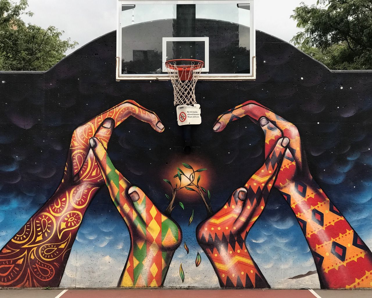 Download wallpaper 1280x1024 basketball net, hands, graffiti standard 5:4 HD background