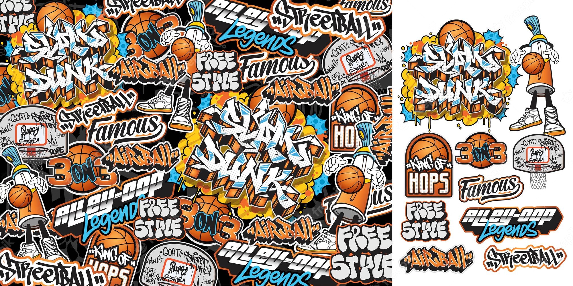 Premium Vector. A set of colorful sticker art designs of the street basketball illustrations in graffiti style