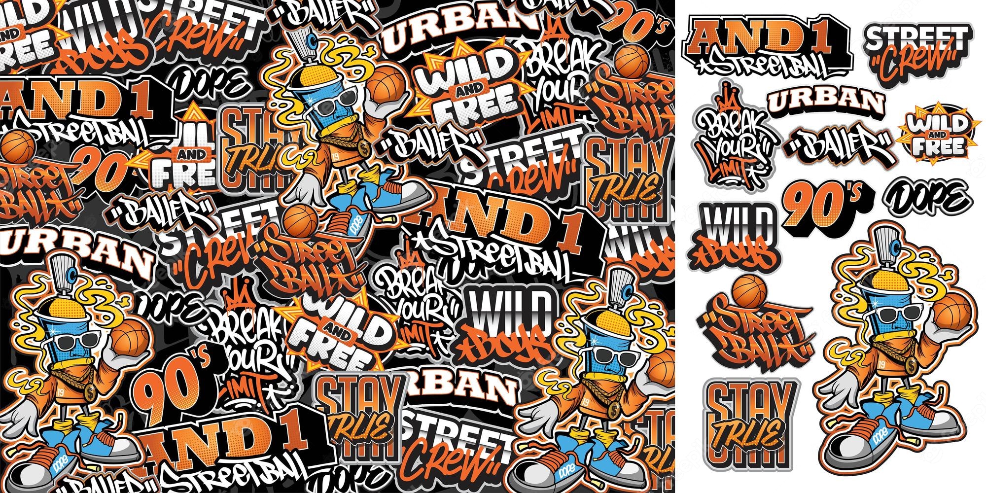 Premium Vector. A set of colorful sticker art designs of the street basketball illustrations in graffiti style
