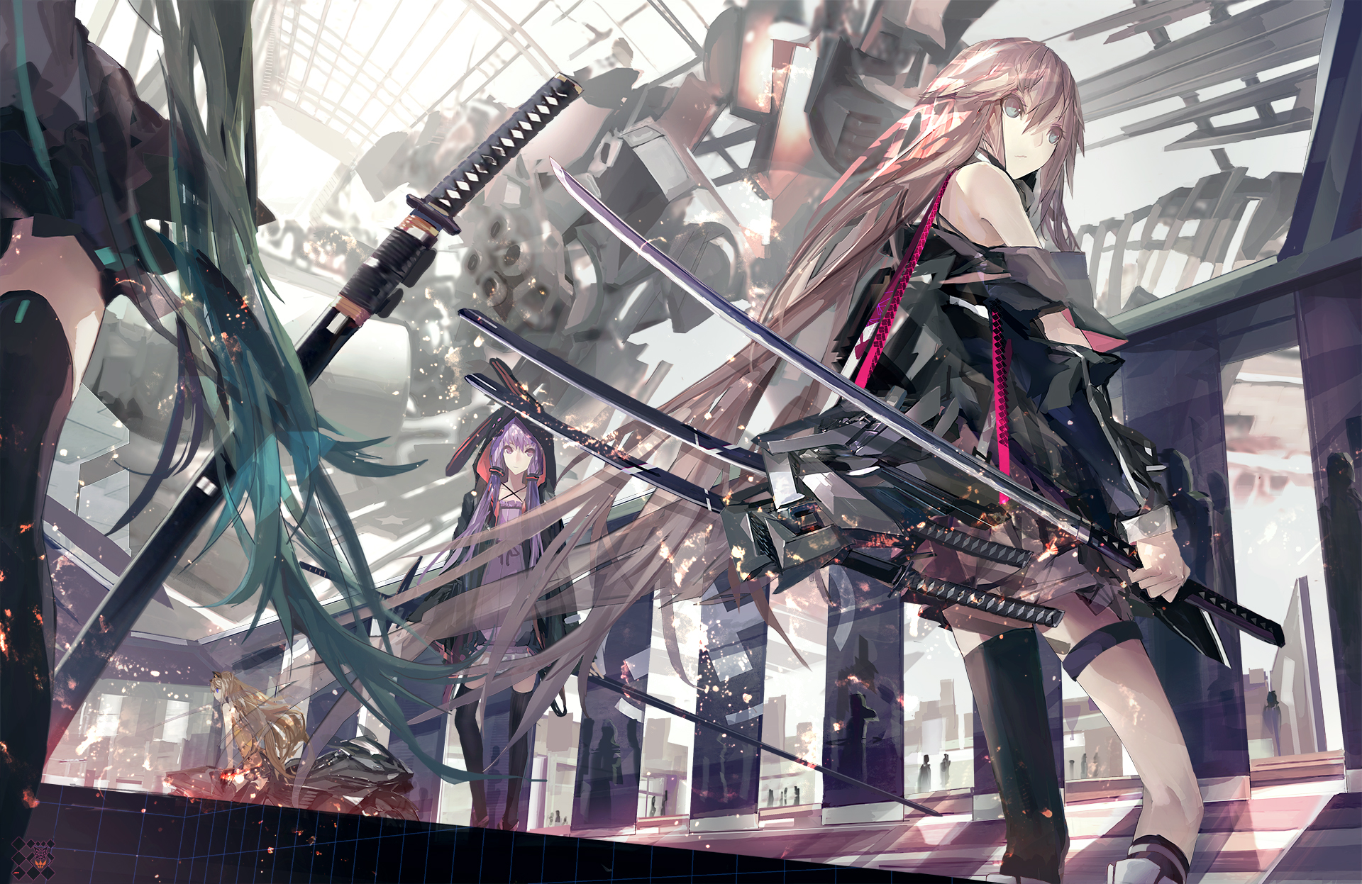 Wallpaper, anime girls, manga, katana, Hatsune Miku, sword, IA Vocaloid, machine, Yuzuki Yukari, SeeU, mecha, 1920x1247 px 1920x1247