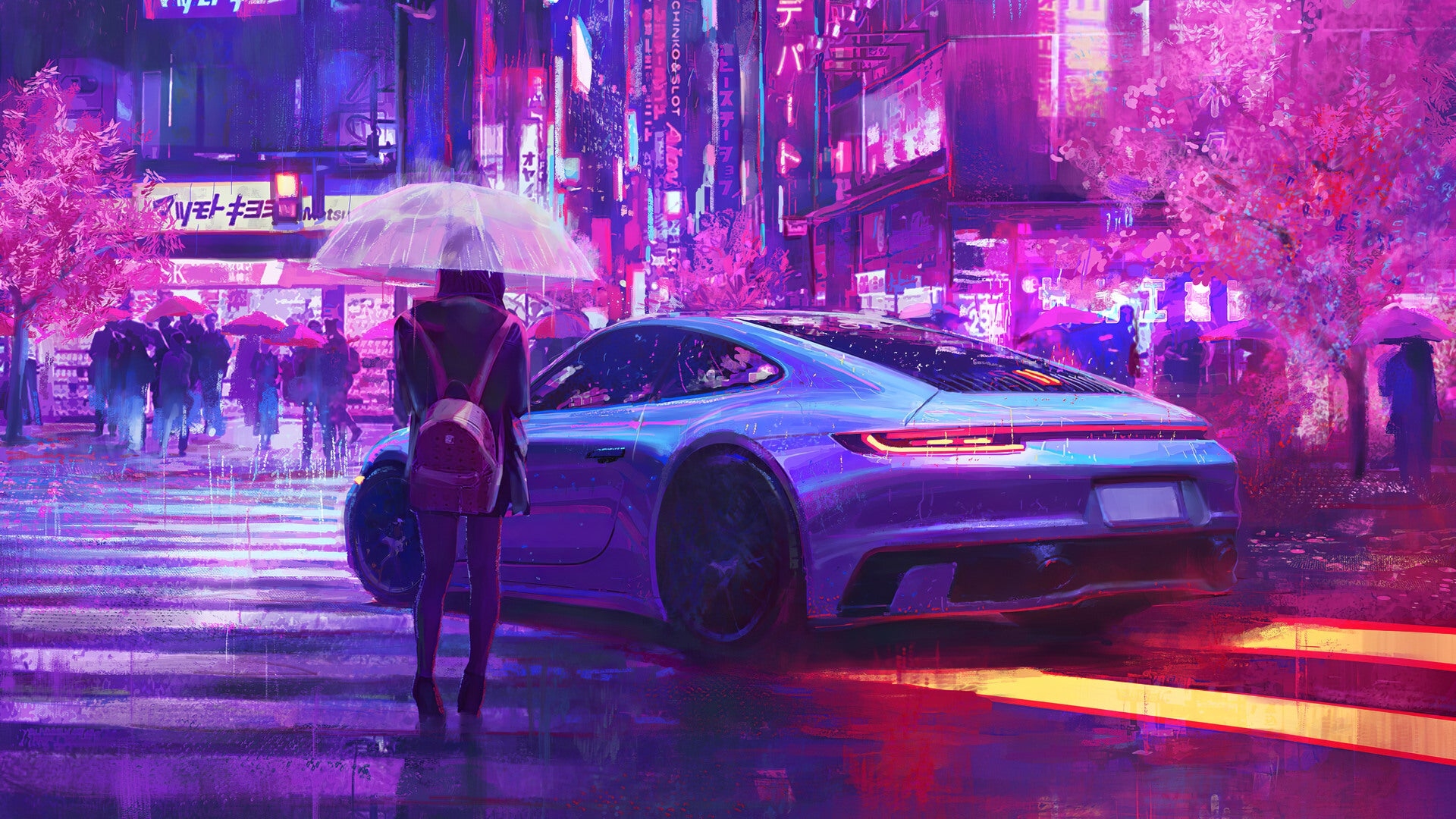 Wallpaper, Porsche, rain, neon, artwork 1920x1080