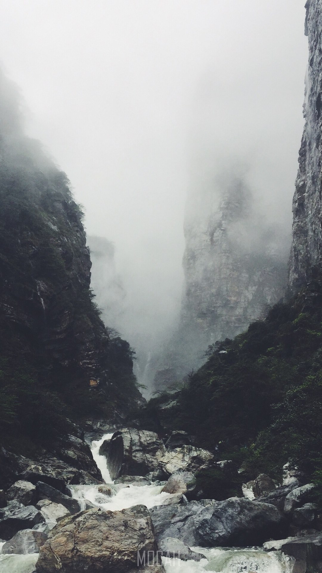 fog fills the rocky river valley between mountains, cloudy canyon, Apple iPhone 6s Plus screensaver hd, 1080x1920 Gallery HD Wallpaper