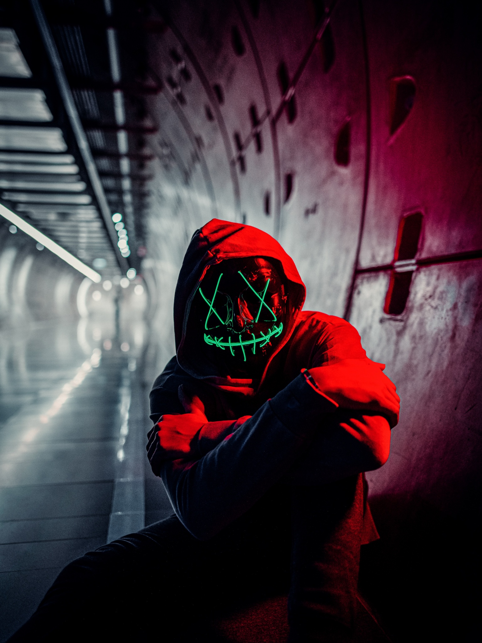 Neon Mask Wallpaper 4K, Red Hoodie, Tunnel, Portrait
