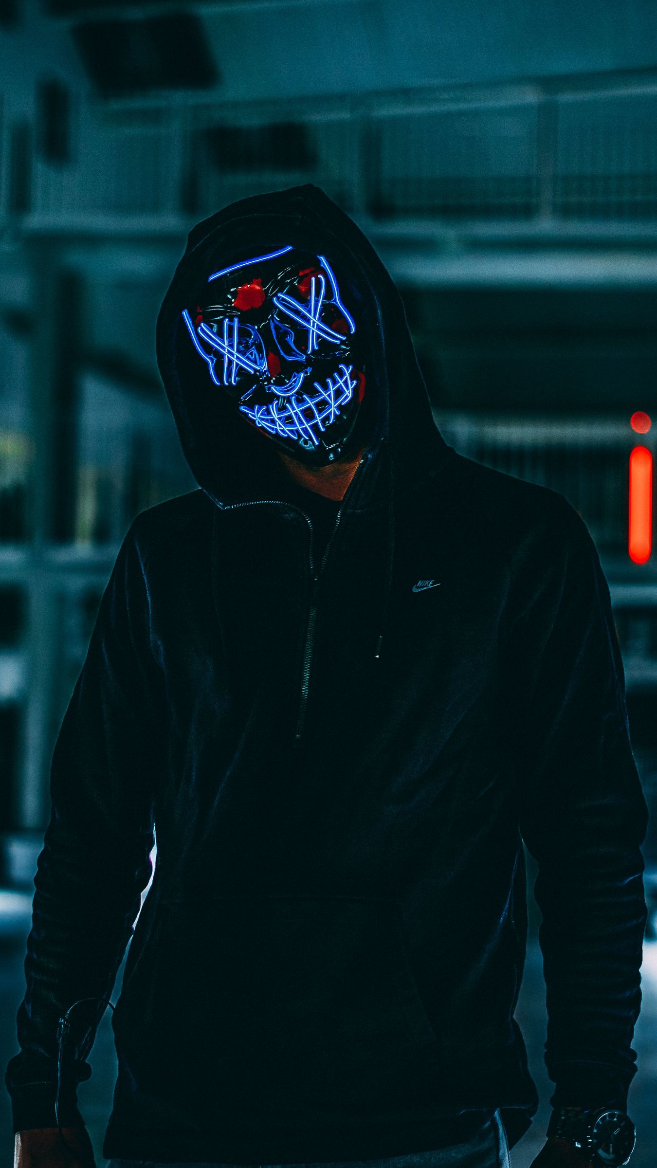 Download wallpaper 1350x2400 mask, anonymous, hood, darkness, neon, glow iphone 8+/7+/6s+/for parallax HD background