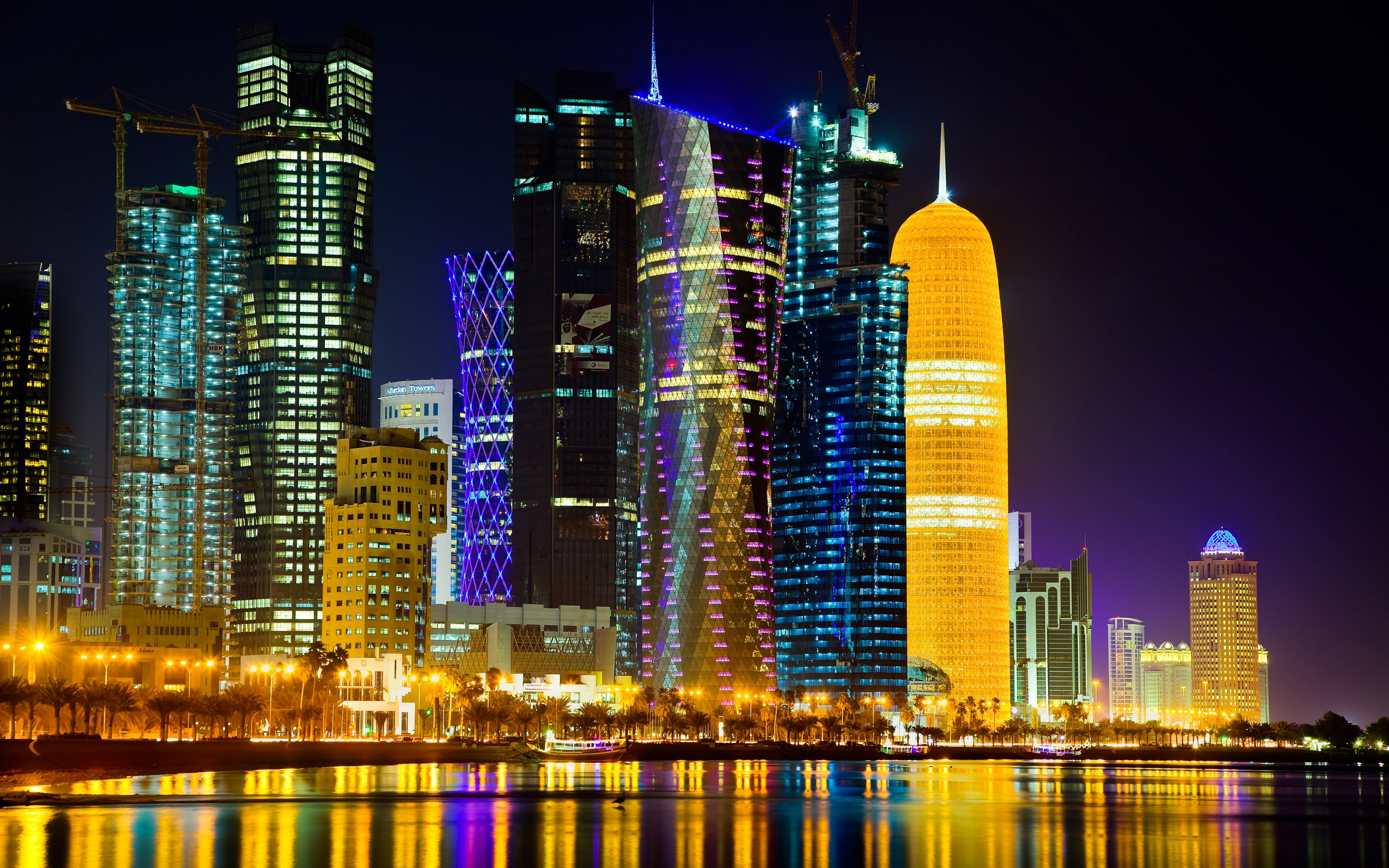 Download wallpaper 4k, Doha, modern architecture, skyscrapers, Qatar, nightscapes for desktop with resolution 3840x2400. High Quality HD picture wallpaper