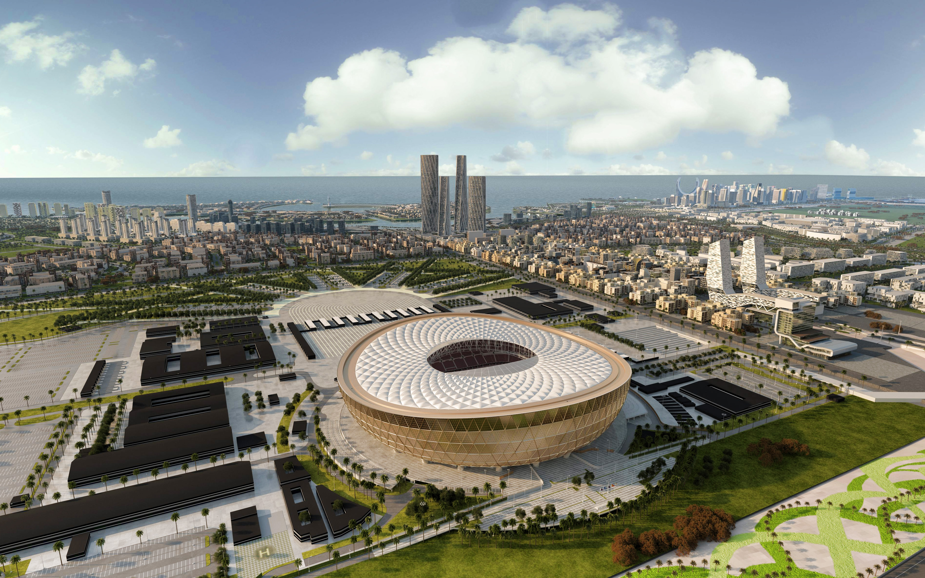 Download wallpaper Lusail Iconic Stadium, 4k, Qatar Stars League, Lusail, football stadium, soccer, 2022 FIFA World Cup, Qatari stadiums, Qatar for desktop with resolution 3840x2400. High Quality HD picture wallpaper