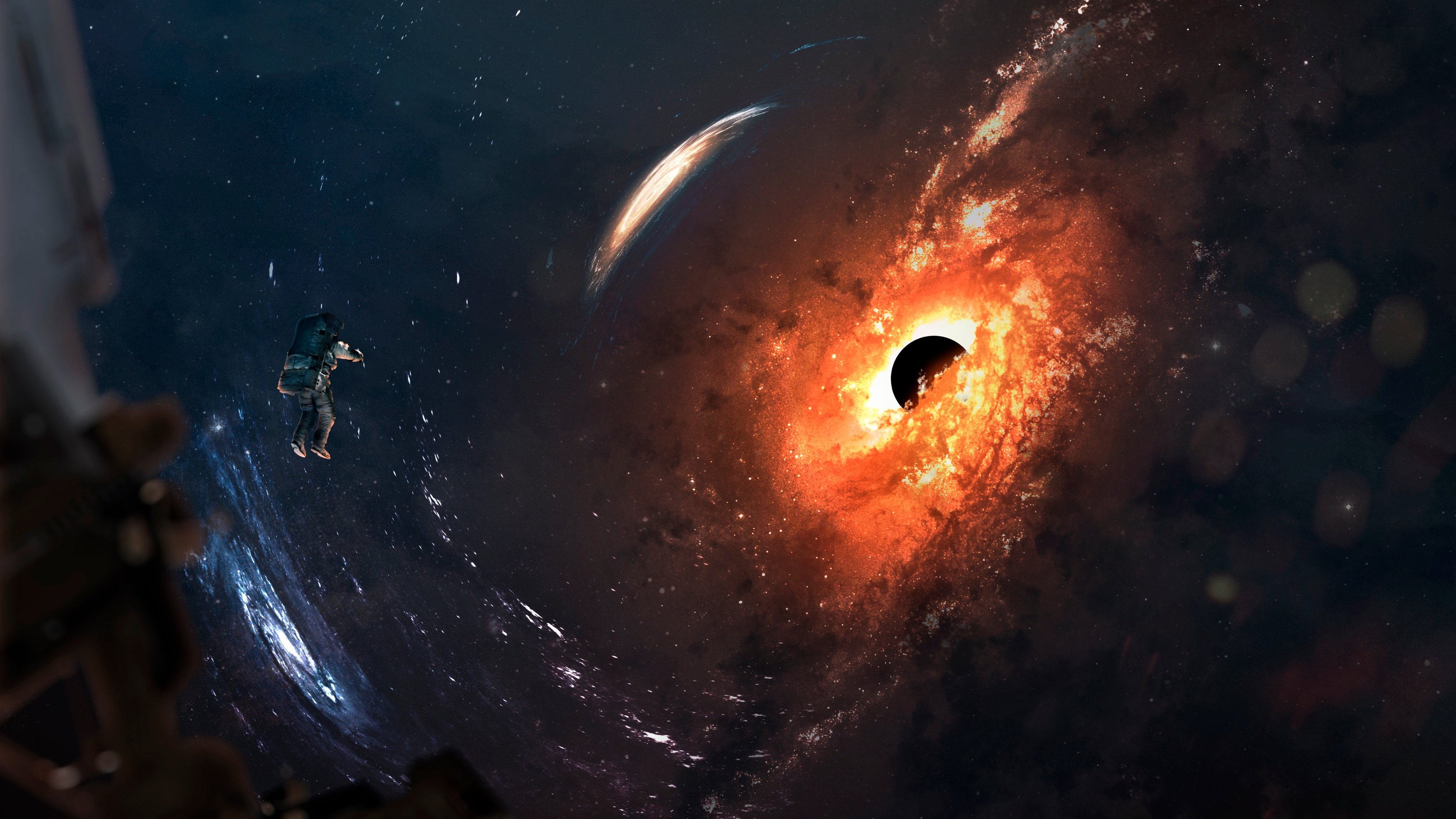 Black hole Wallpaper 4K, Astronaut, Spiral galaxy, Stars