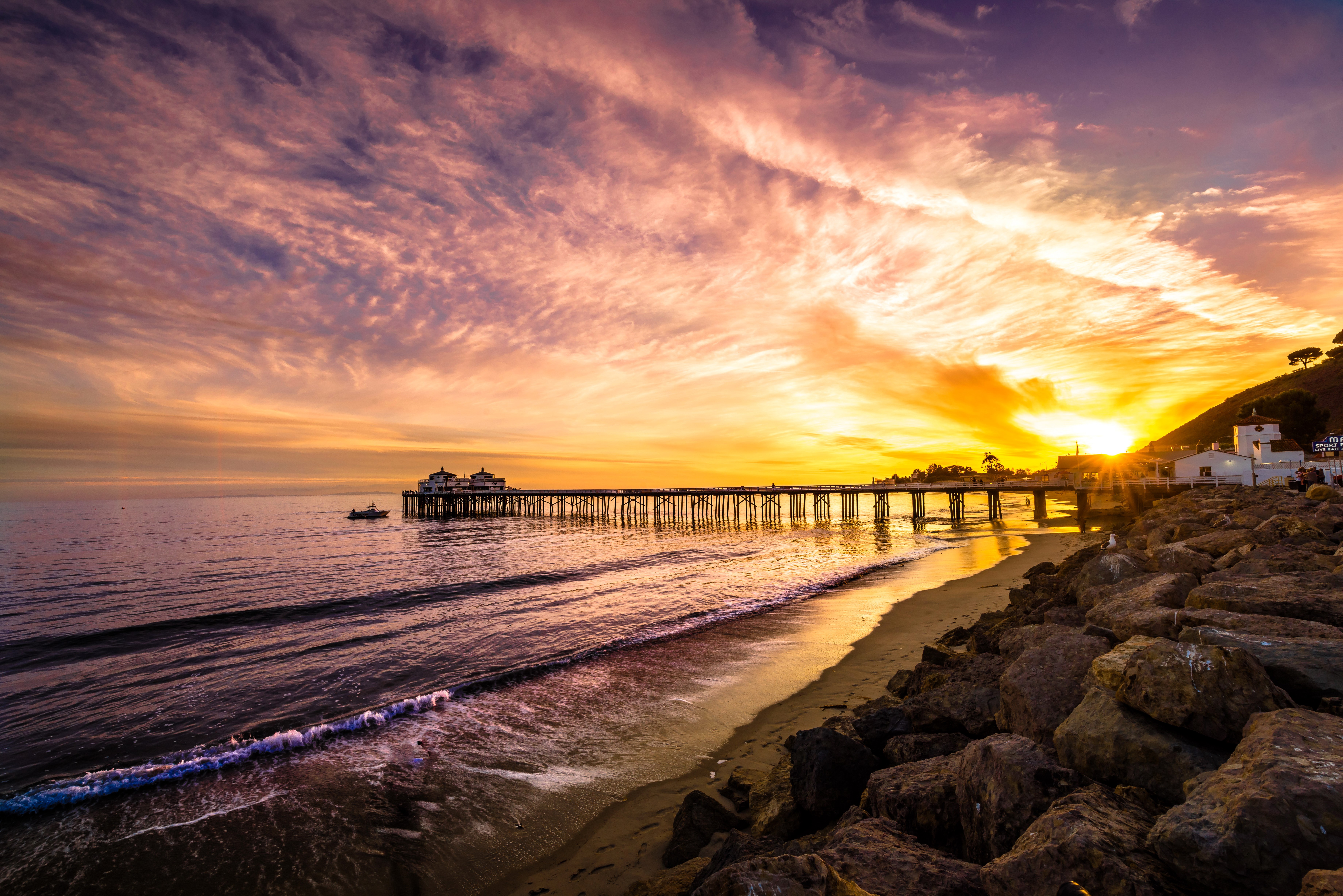 4K, 5K, 6K, 7K, Malibu, Scenery, Sunrises and sunsets, USA, Sky, Coast, Sea, Marinas, Stones Gallery HD Wallpaper