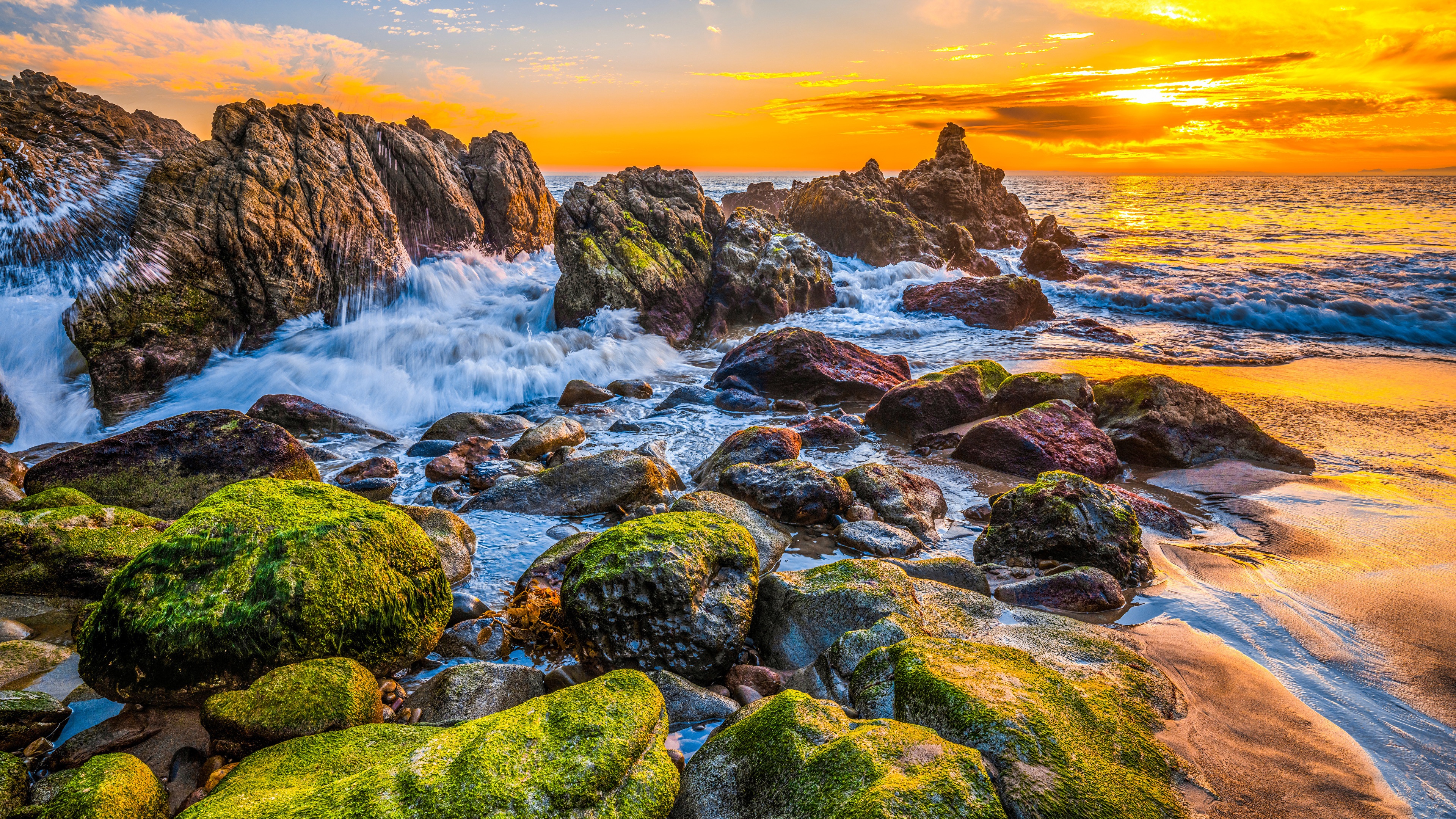 Malibu California USA Nature Sky Coast Sea Waves Stones Sunset Moss Wallpaper:3840x2160