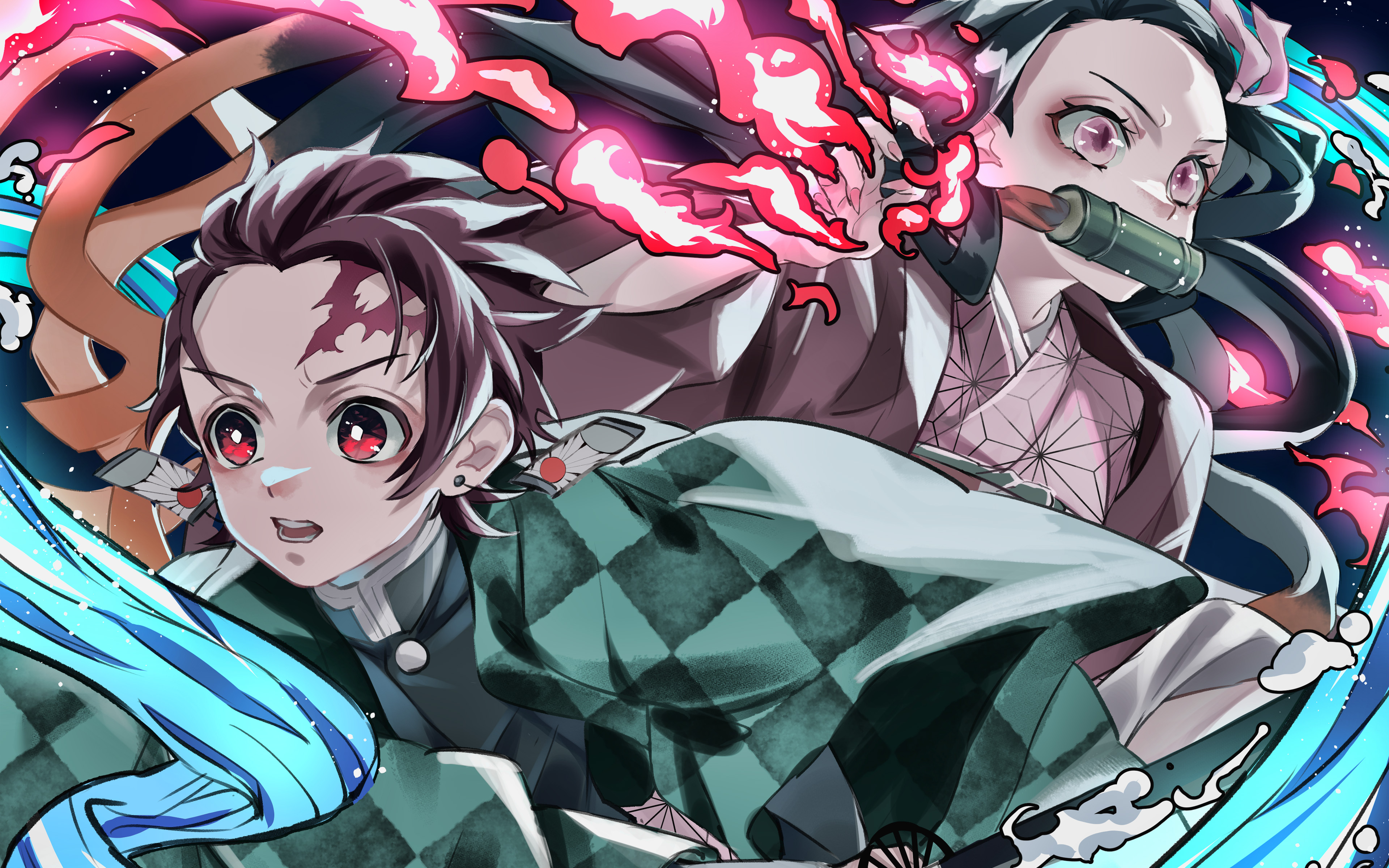 Download wallpaper 4k, Tanjiro Kamado, Nezuko Kamado, battle, Demon Slayer, protagonists, Demon Slayer Kimetsu no Yaiba, artwork, manga, Demon Hunter, Kamado Tanjiro, Kamado Nezuko for desktop with resolution 3840x2400. High Quality HD