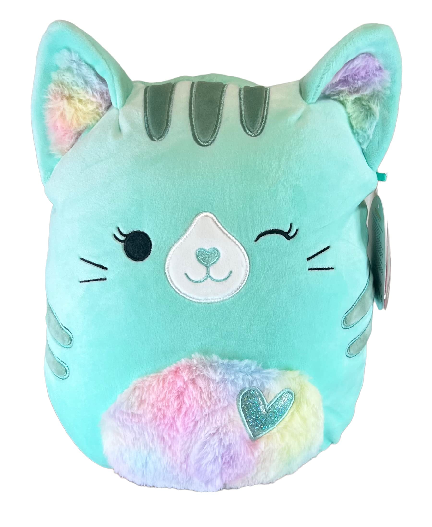 Squishmallows Official Kellytoy Corinna Teal Tabby Cat with Rainbow Fuzzy Ears and Belly 11 Inch Plush On Belly Valentine's Day Squad Stuffed Animal Toy, Toys & Games