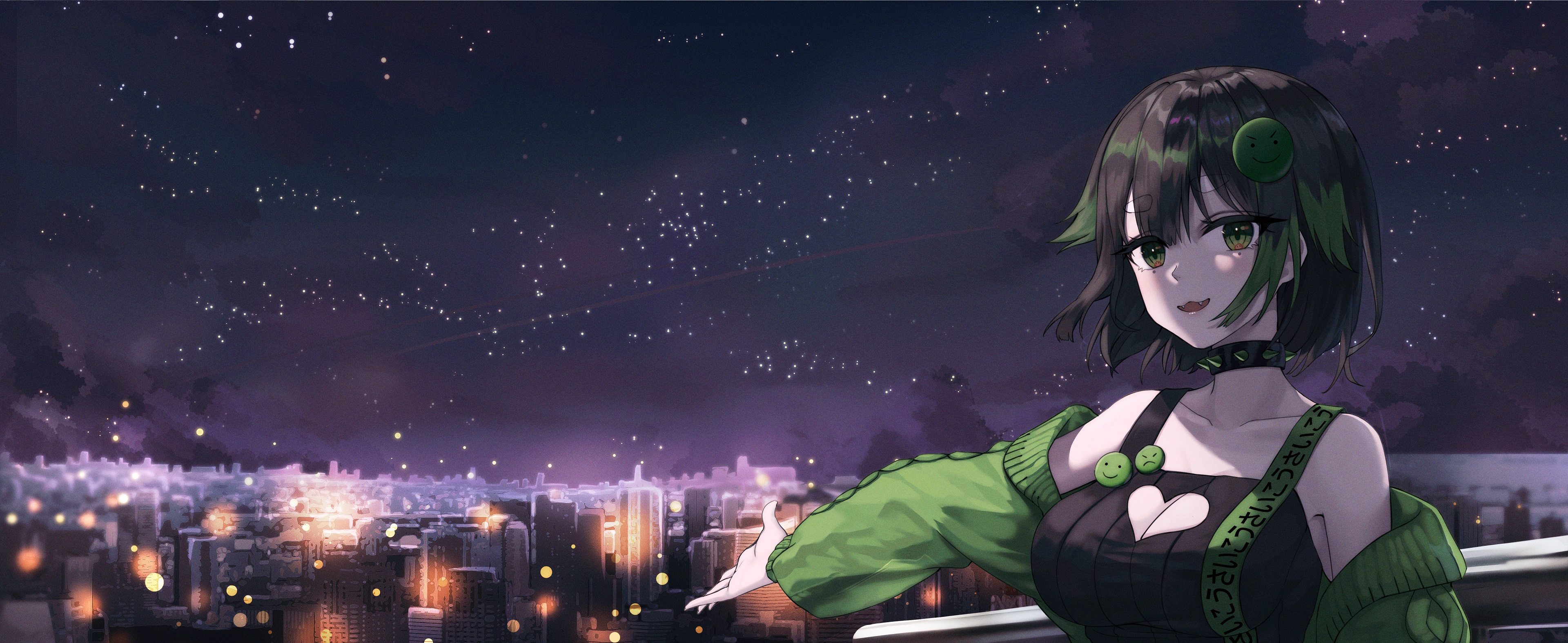 Anime Anime Girls Jisu Lee Artwork Short Hair Black Hair Green Eyes Night Cityscape Wallpaper:3840x1574