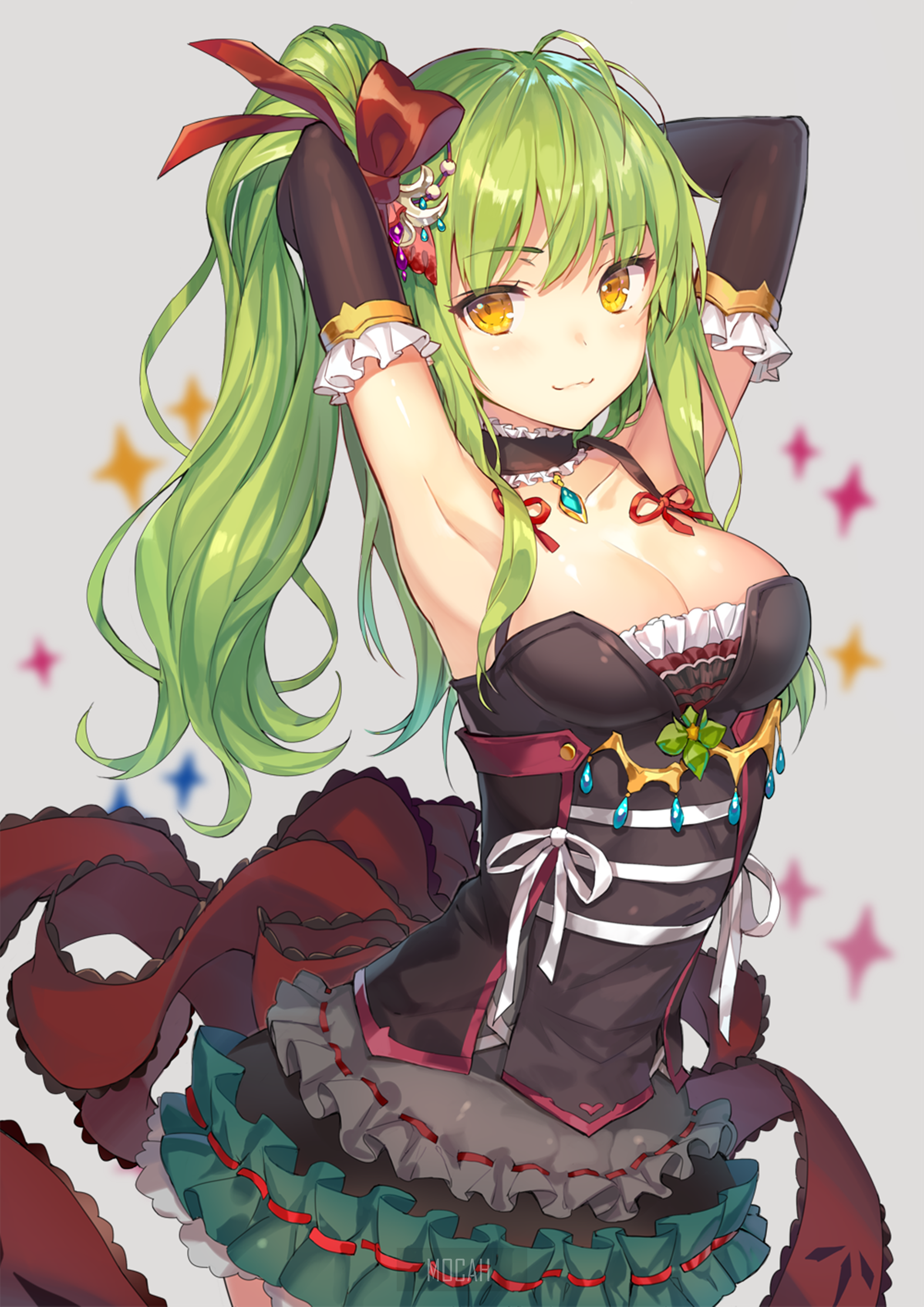 anime, anime girl, long hair, green hair, green eyes, dress, arms up, black dress, skirt, black skirts, Smile, ponytail, gloves wallpaper HD download, 2122x3000 Gallery HD Wallpaper