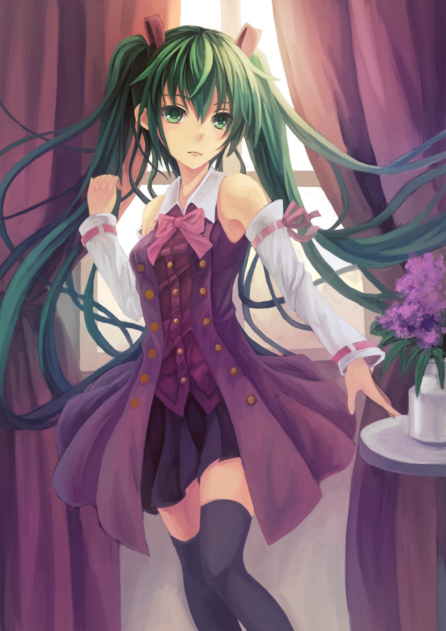 Wallpaper, illustration, long hair, anime girls, green eyes, stockings, black hair, Vocaloid, Hatsune Miku, skirt, green hair, twintails, mangaka 1500x2122