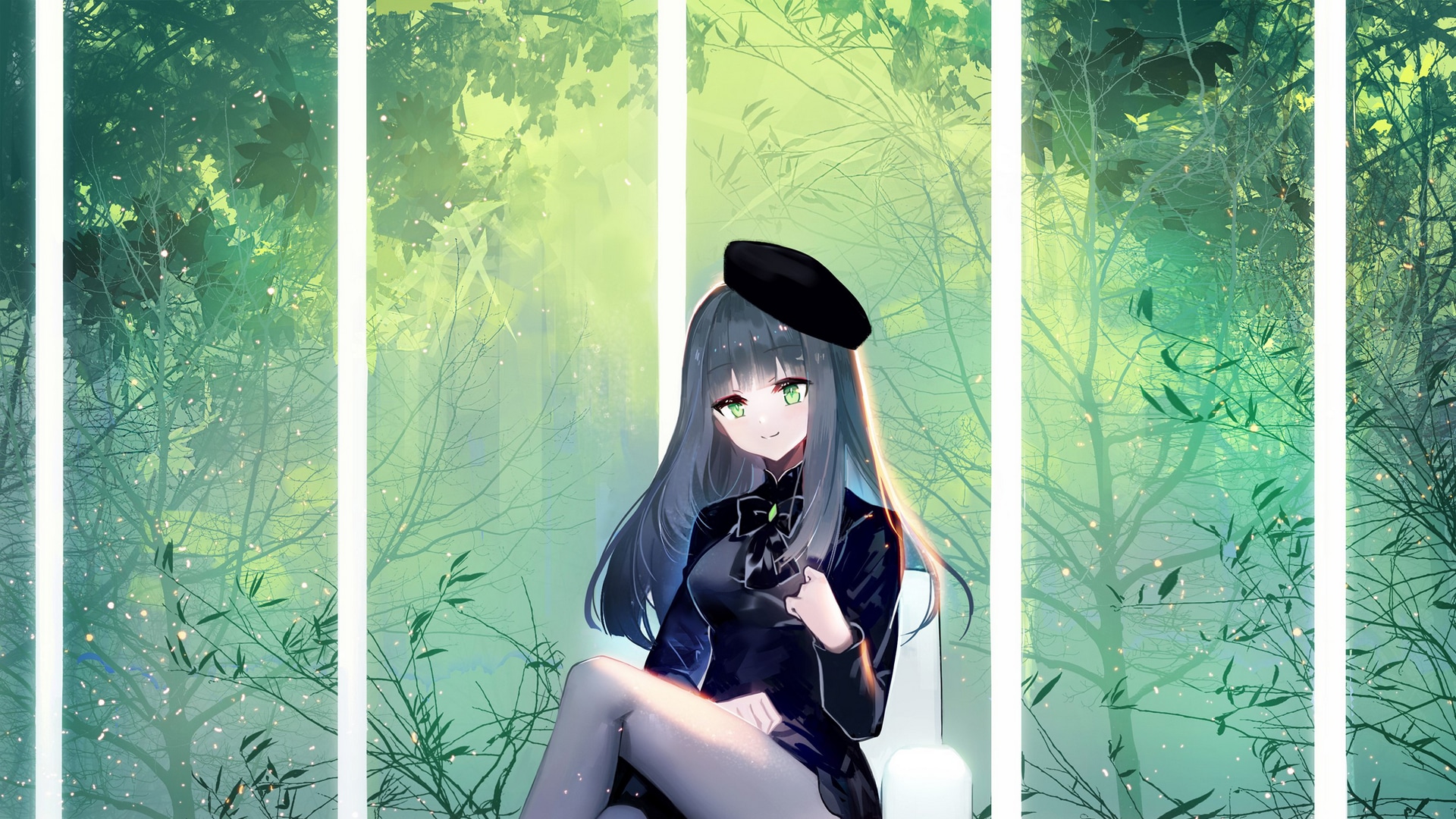 Wallpaper / anime, anime girls, digital art, artwork, portrait, green eyes, gray hair, hat, black hat, plants, trees, Smile, long hair, green, original characters free download