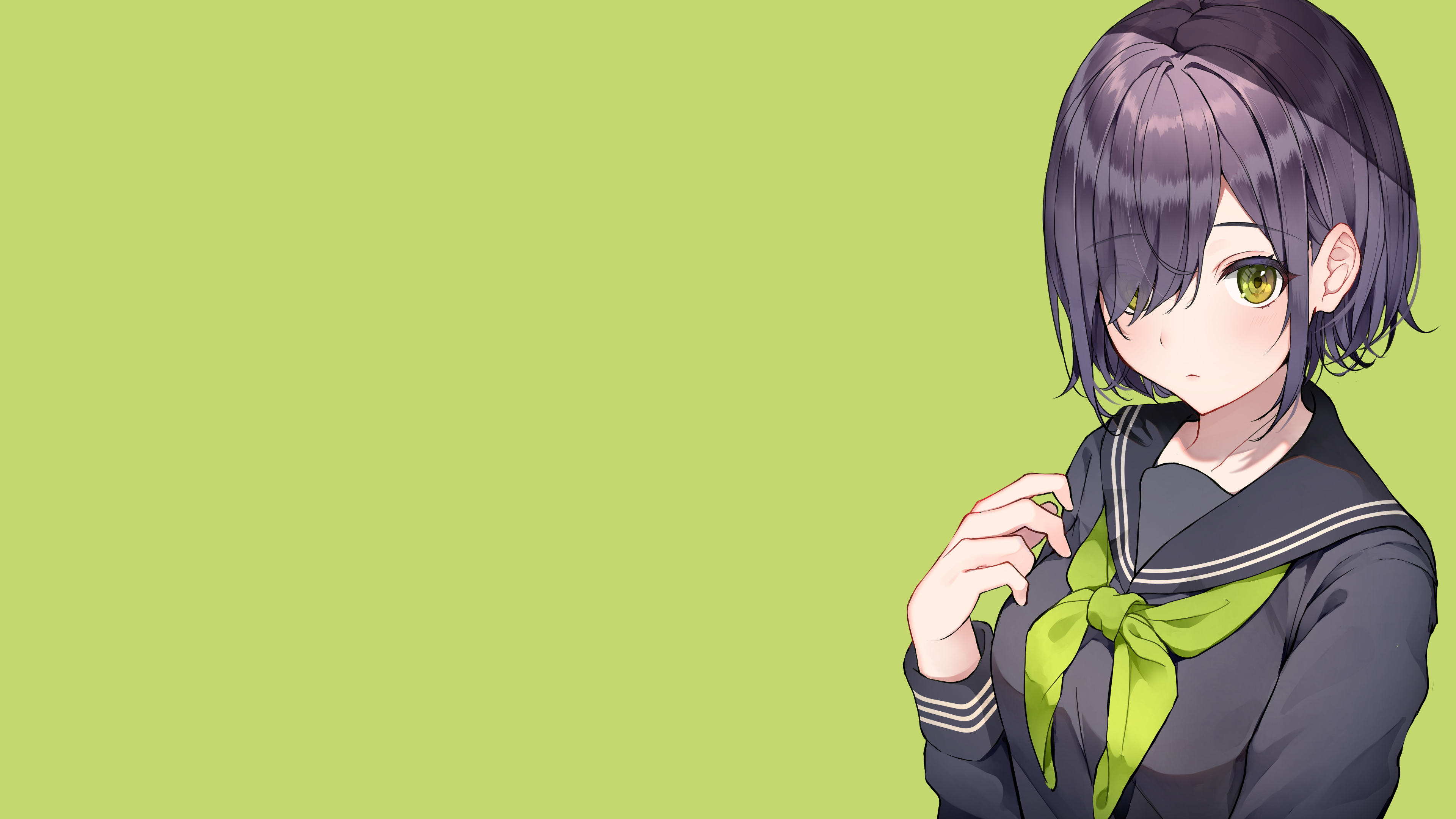4K, anime girls, original characters, MochiHonpo, green eyes, anime, green background, dark hair, short hair, school uniform Gallery HD Wallpaper