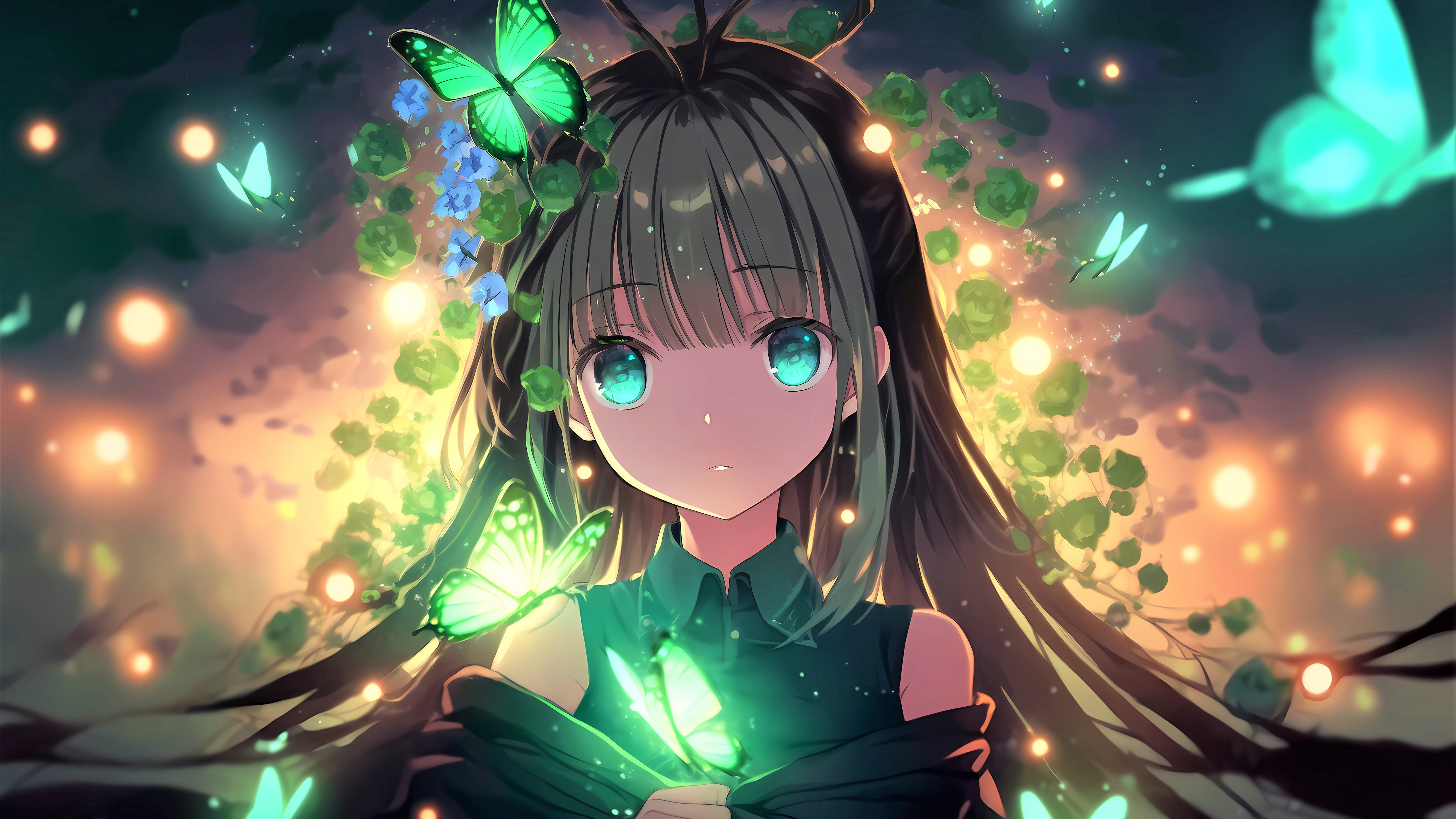 Anime girl Wallpaper 4K, Green eyes, Girly background