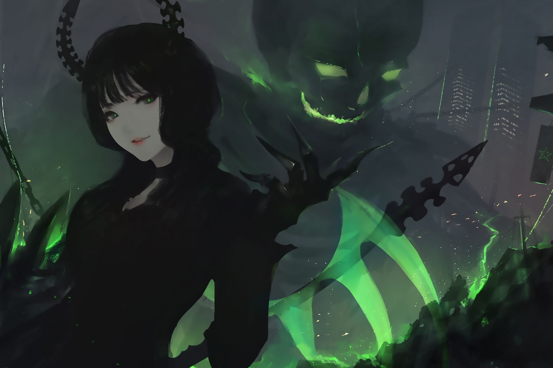 HD desktop wallpaper: Anime, Black Rock Shooter, Smile, Green Eyes, Black Hair, Short Hair, Dead Master (Black Rock Shooter), Glowing Eyes download free picture