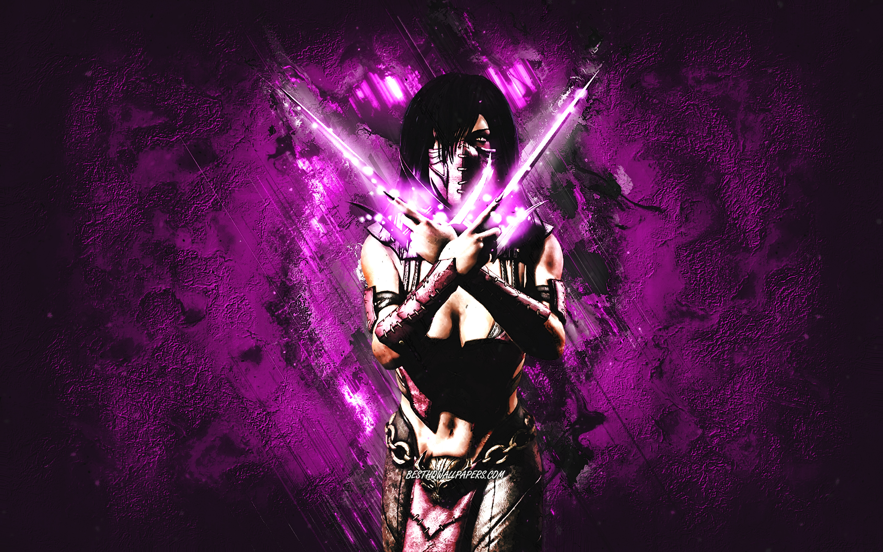 Download wallpaper Mileena, Mortal Kombat Mobile, Mileena MK Mobile, Mortal Kombat, purple stone background, Mortal Kombat Mobile characters, grunge art, Mileena Mortal Kombat for desktop with resolution 2880x1800. High Quality HD picture