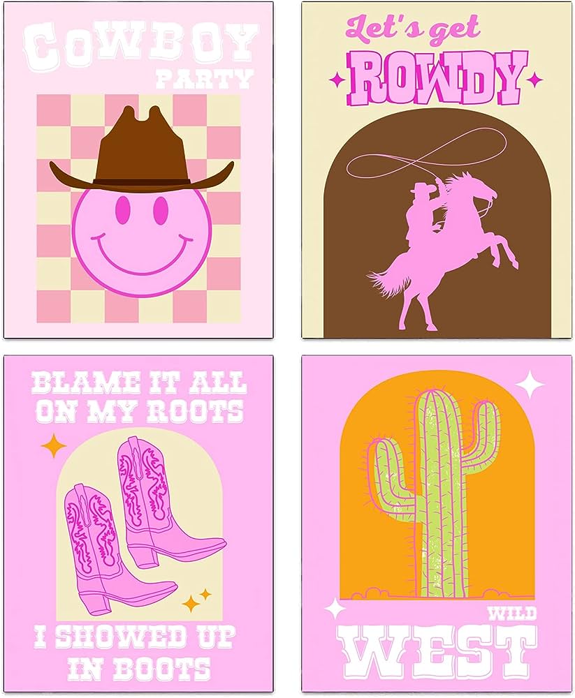 Pink Western Cowgirl Theme Wall Art Aesthetic Poster Preppy Room Decor, Retro Cowgirl Canvas Print, Glamour Cowgirl Wall Art for Girls Room College Dorm Room Decoration, Set of 4-(8x10 Unframed): Posters