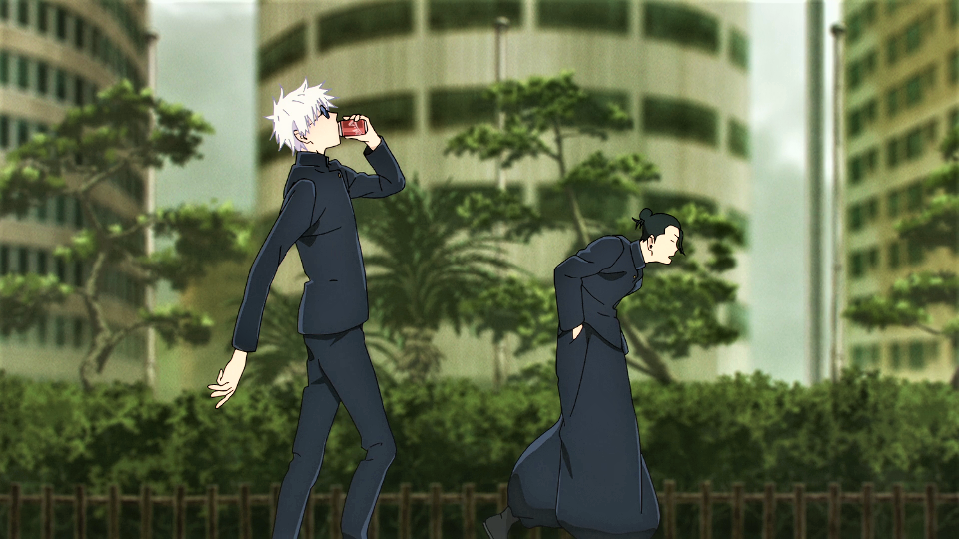 Wallpaper, Jujutsu Kaisen, Suguru Geto, Satoru Gojo, glasses, building, trees, nature, white hair, Anime screenshot, anime boys, uniform 1920x1080