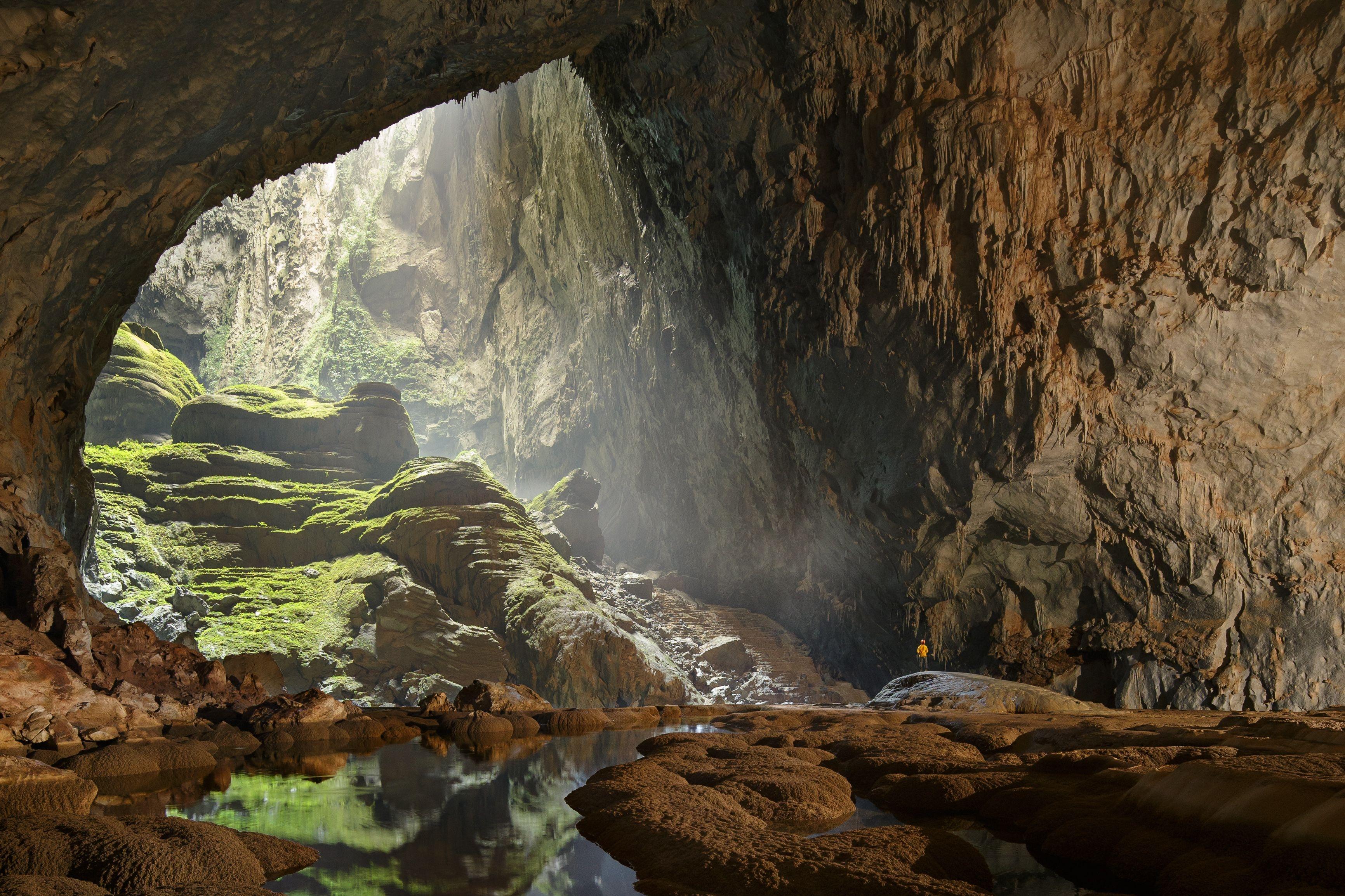 Son Doong Cave, the largest on Earth, is located in central Vietnam. To enter one must descend over 260 feet. It measures over 5.5 miles in length, and some of its caverns