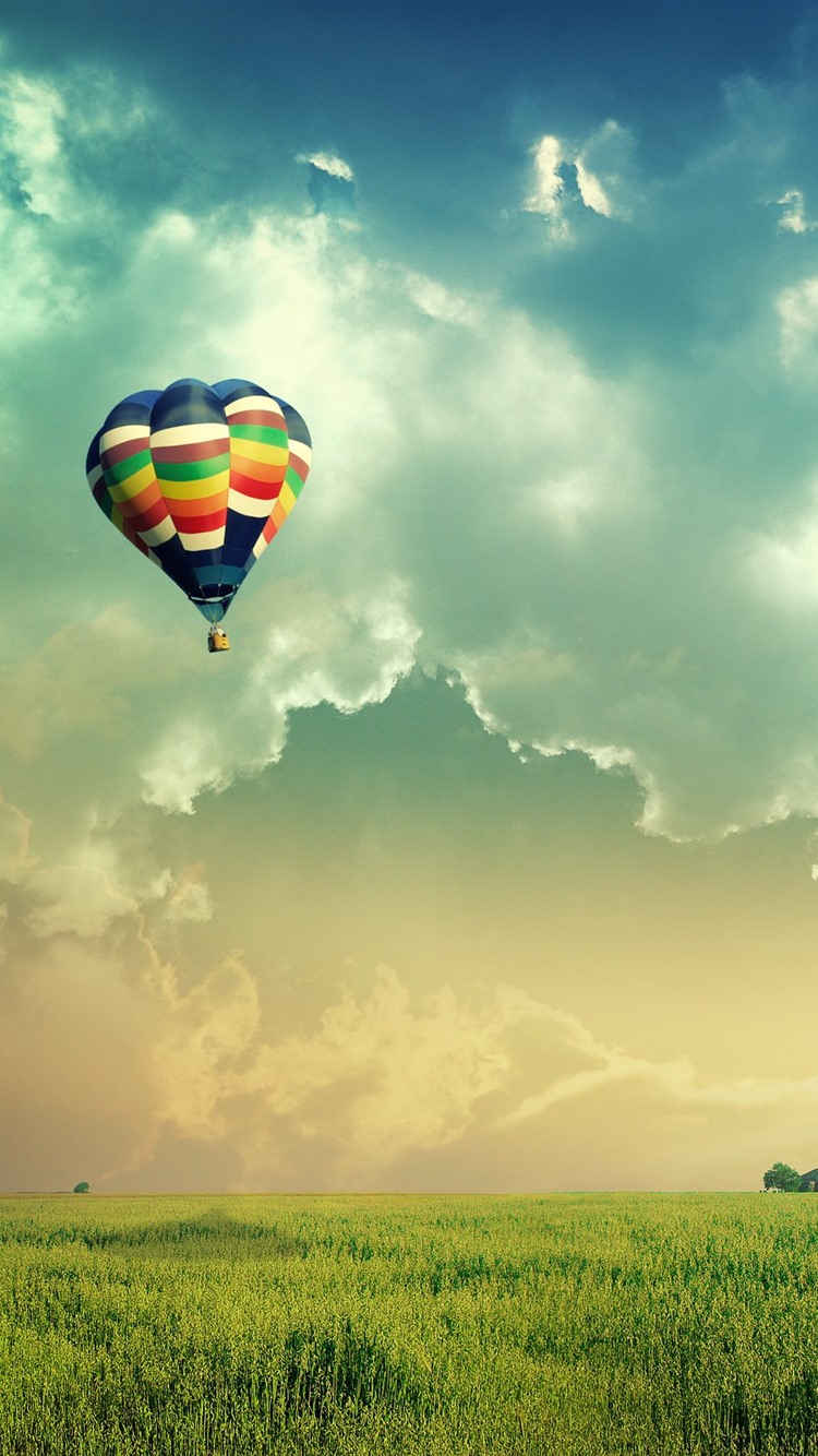 Hot Air Balloon, Fields, Sky, Clouds 750x1334 IPhone 8 7 6 6S Wallpaper, Background, Picture, Image