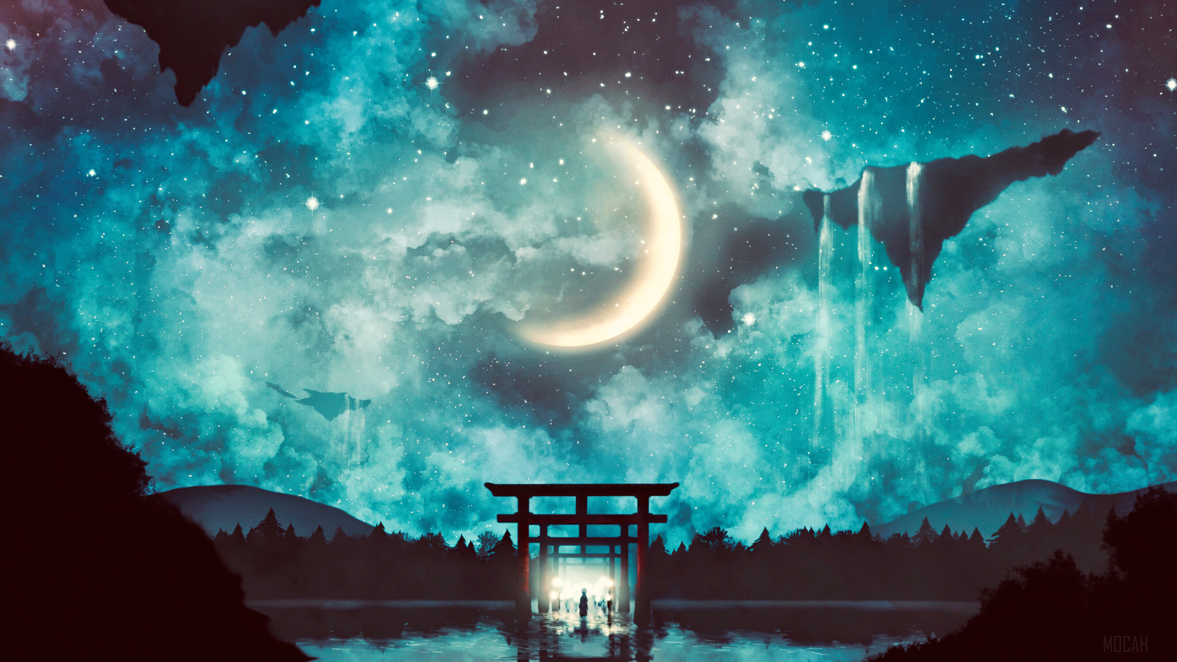 Shrine Gate, Night, Sky, Anime, Scenery 4k Gallery HD Wallpaper