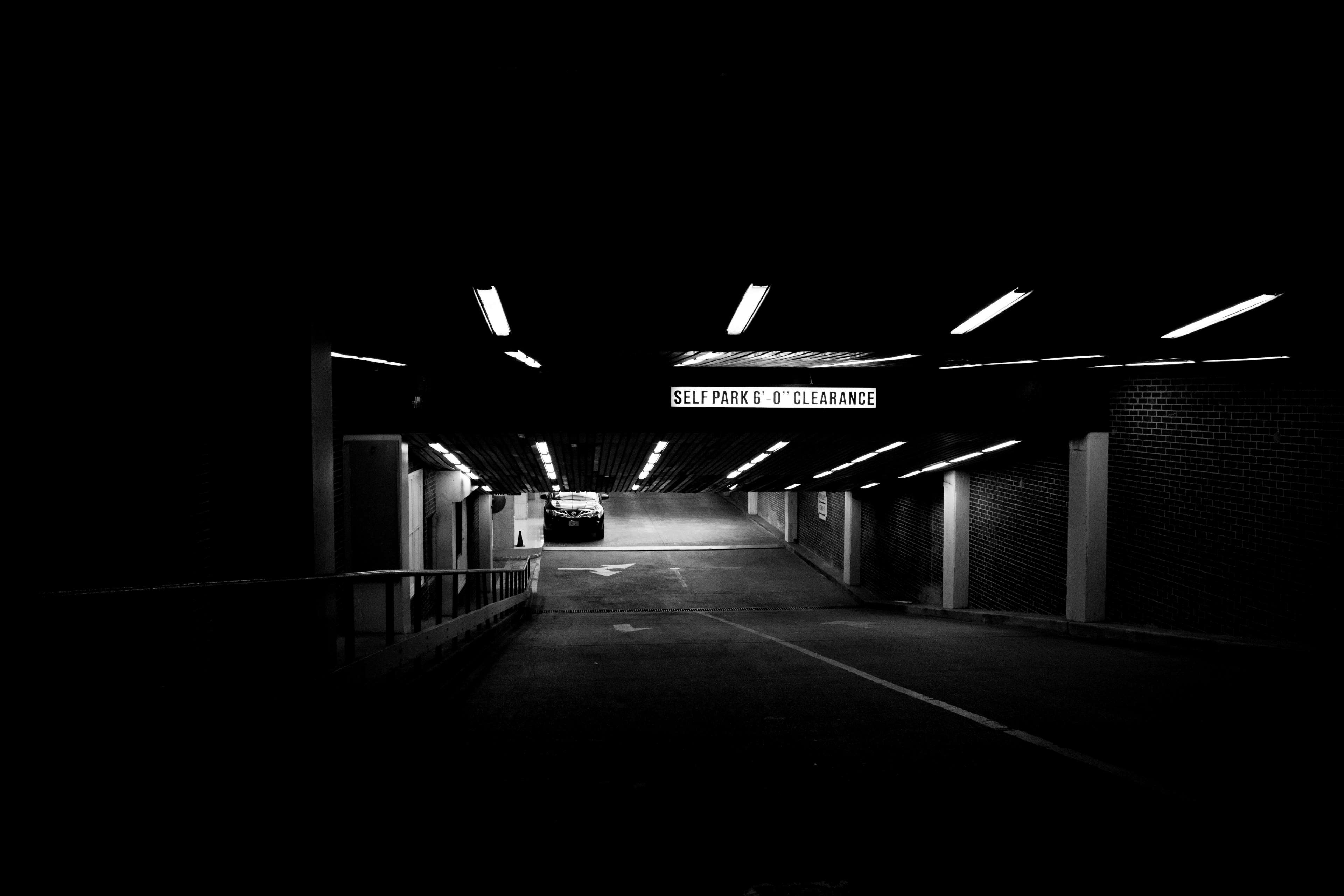 black and white, car, dark, parking, parking lot, underground garage, vehicle 4k Gallery HD Wallpaper