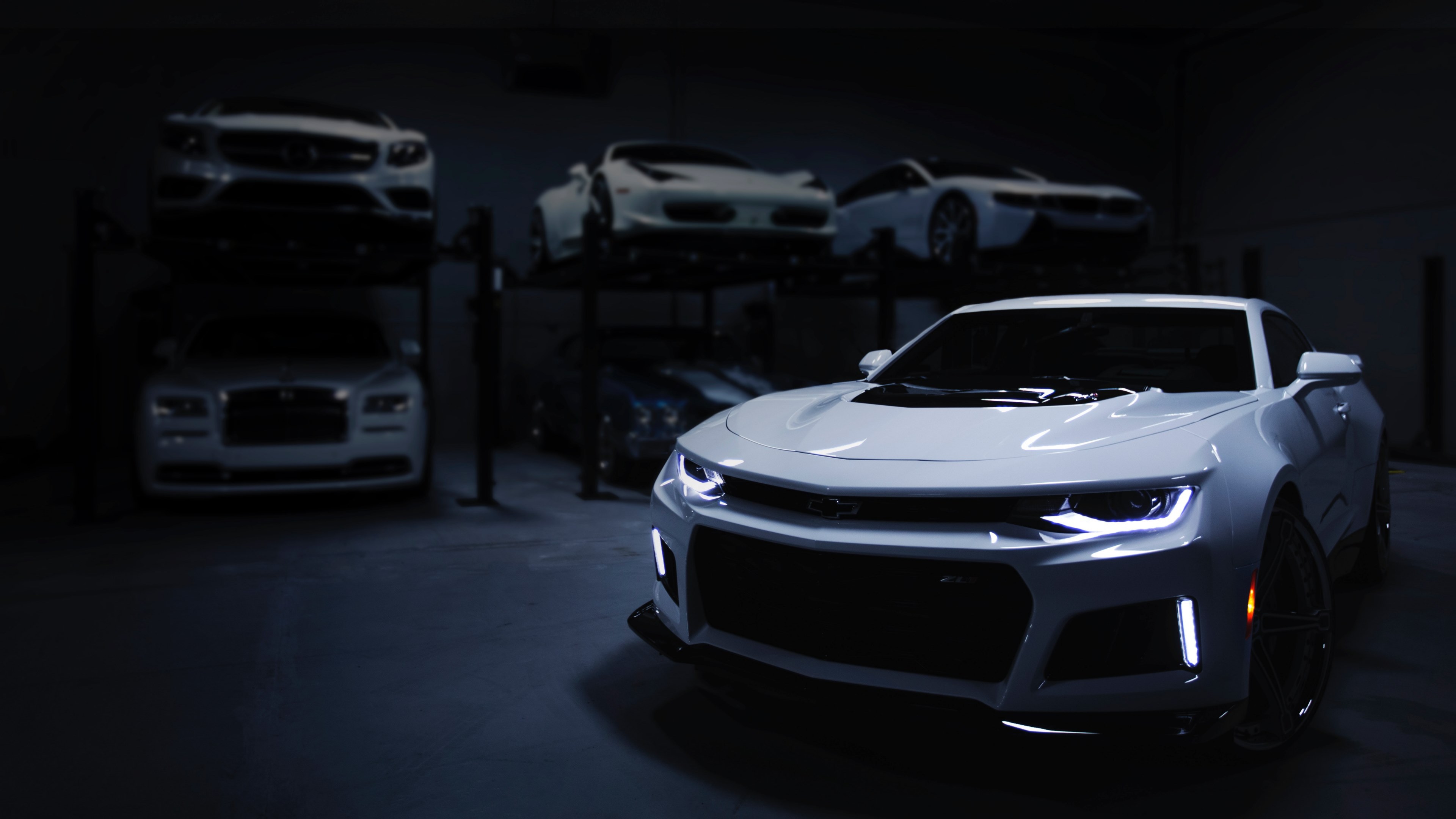 Wallpaper / white sports car inside a dark parking garage, _luxury vehicle resort 4k wallpaper free download
