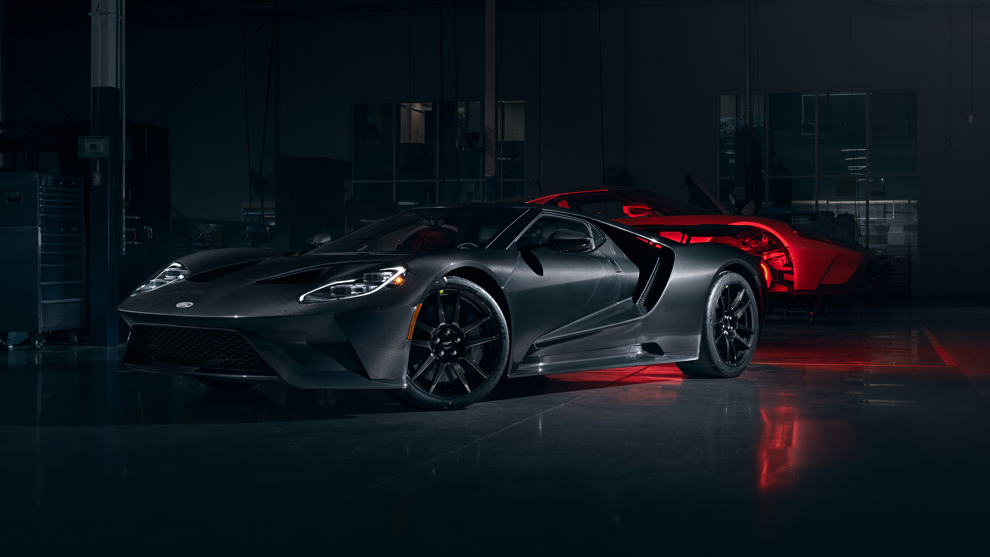 Wallpaper, Ford GT, car, supercars, muscle cars, Garage, low light, carbon fiber 3840x2160