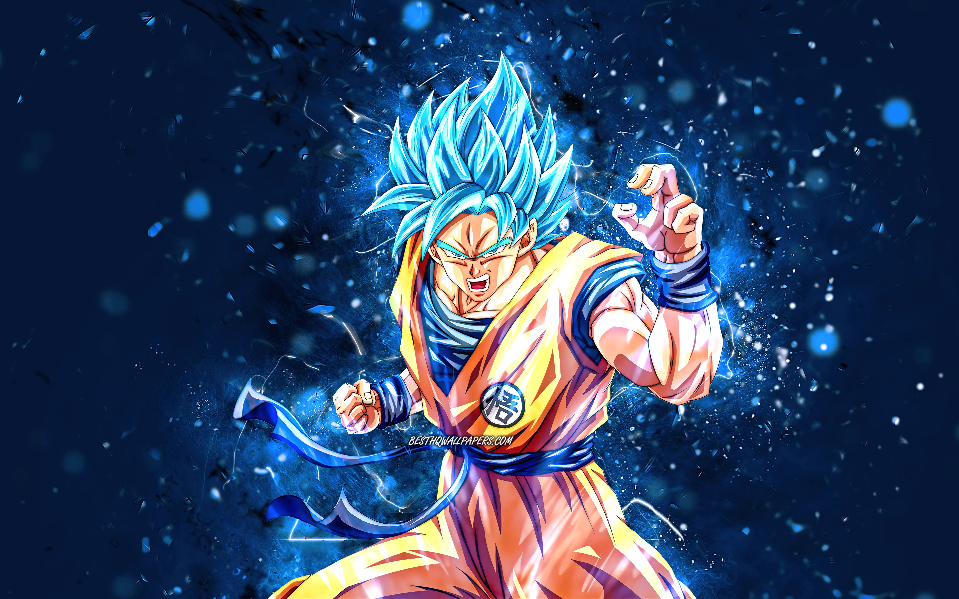 Download wallpapers Golden Goku, blue neon lights, 3D art, 4k