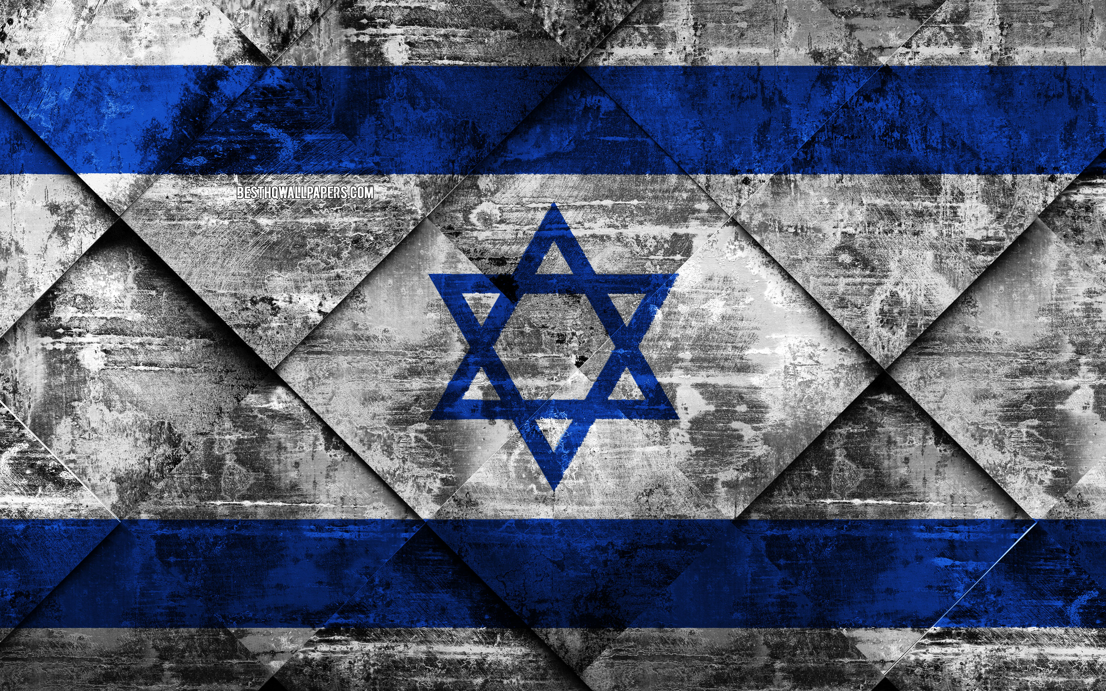 Download wallpaper Flag of Israel, 4k, grunge art, rhombus grunge texture, Israeli flag, Asia, national symbols, Israel, creative art for desktop with resolution 3840x2400. High Quality HD picture wallpaper