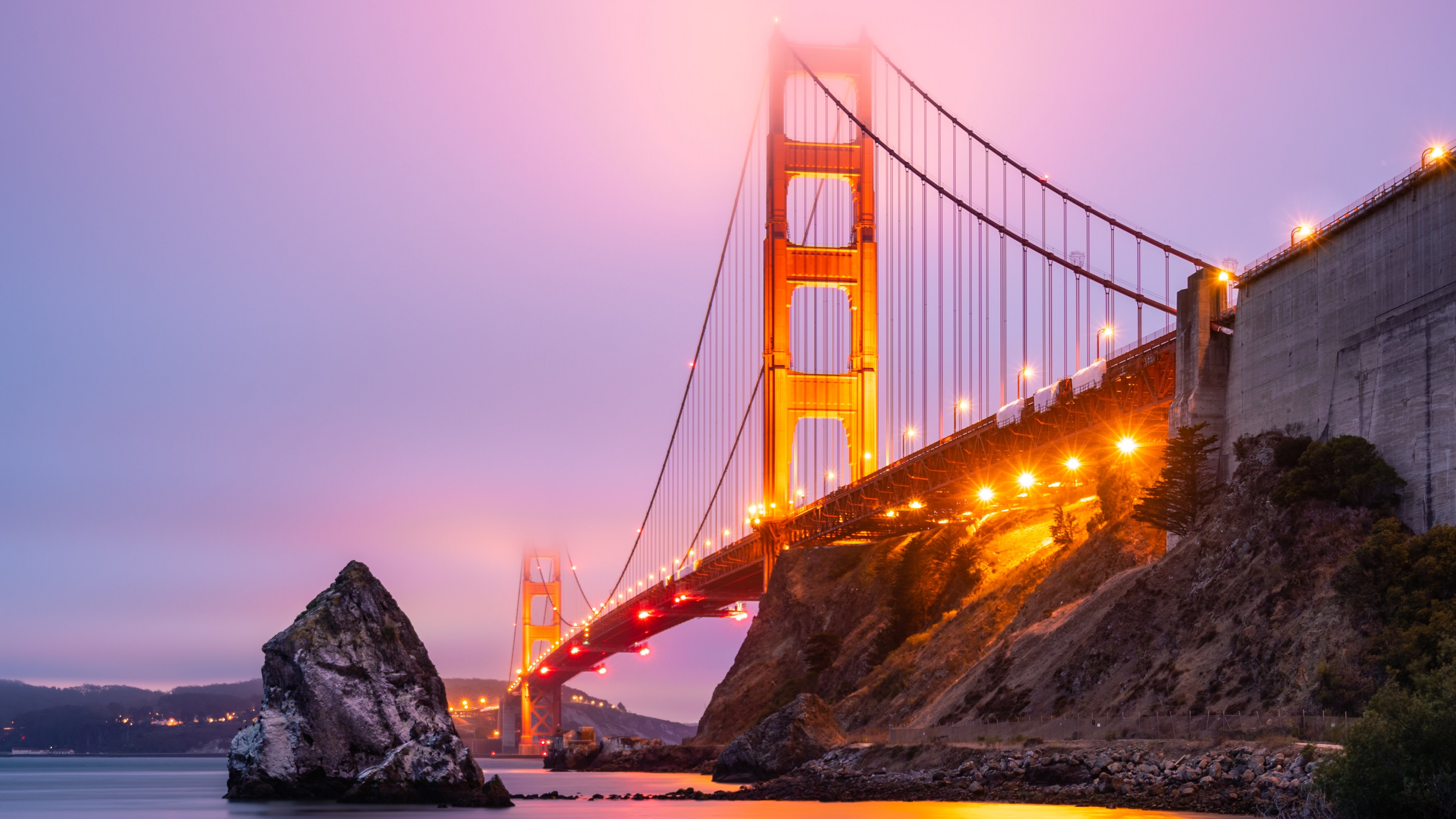 Golden Gate Bridge Wallpaper 4K, San Francisco, Sunset, Lights